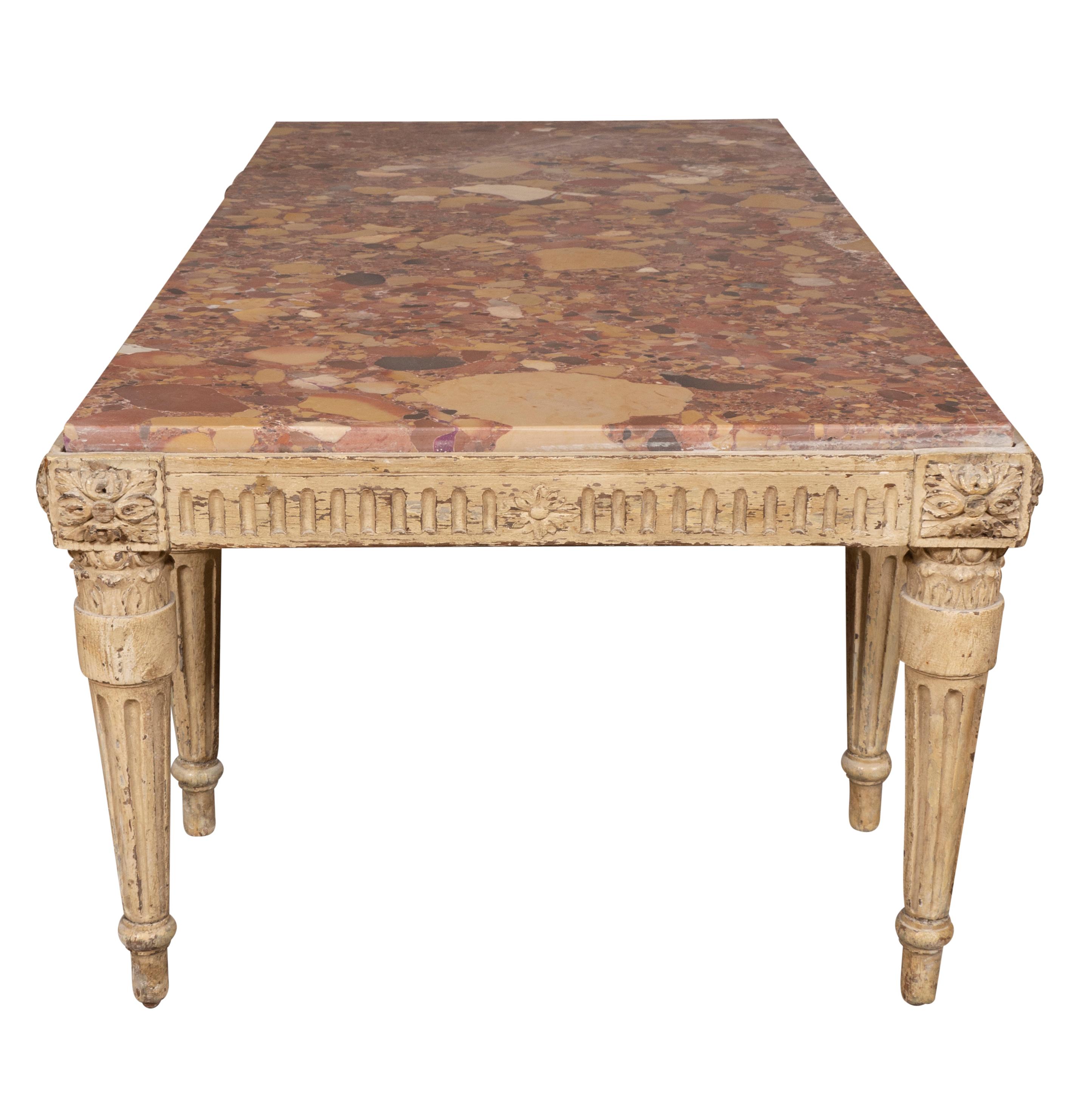 Breccia Marble Louis XVI Style Gray Painted Coffee Table For Sale