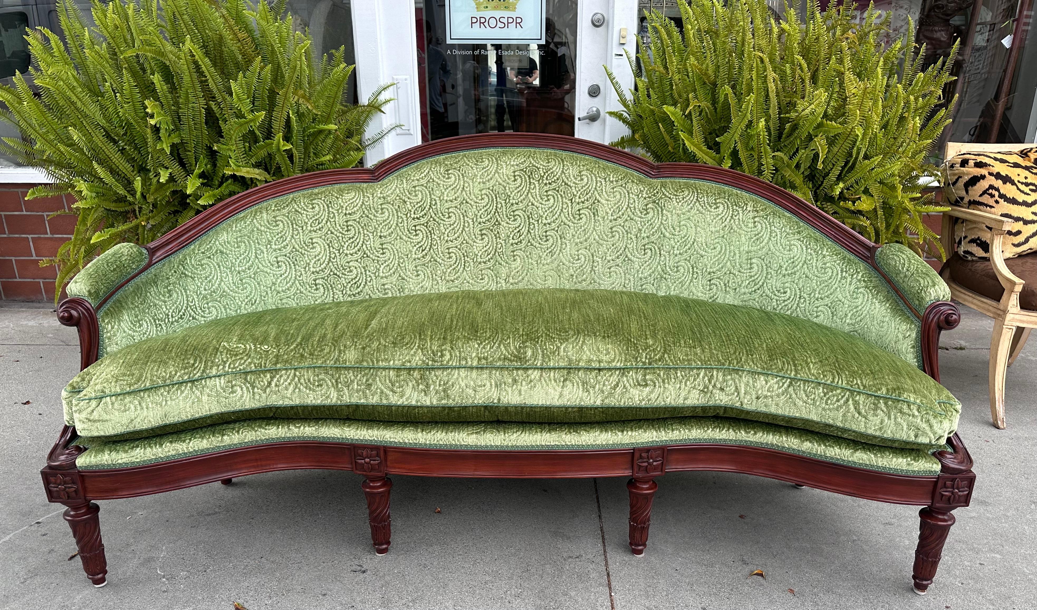 Sofá Settee Canapé de Terciopelo Verde Recortado Estilo Luis XVI en venta 5