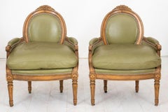 Louis XVI Style Green Leather Bergere Arm Chairs 2