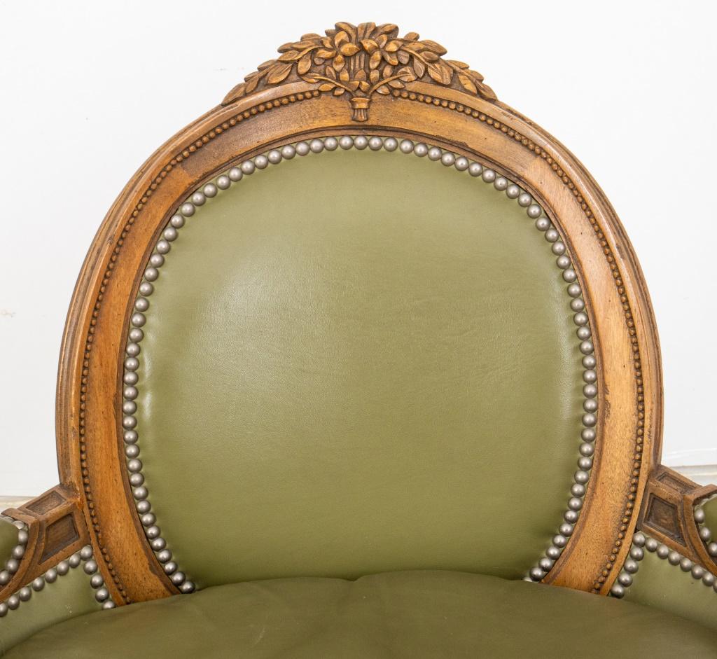 Unknown Louis XVI Style Green Leather Bergere Arm Chairs 2