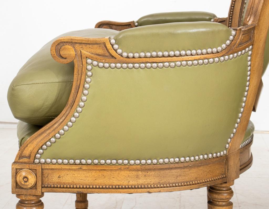 Louis XVI Style Green Leather Bergere Arm Chairs 2 1