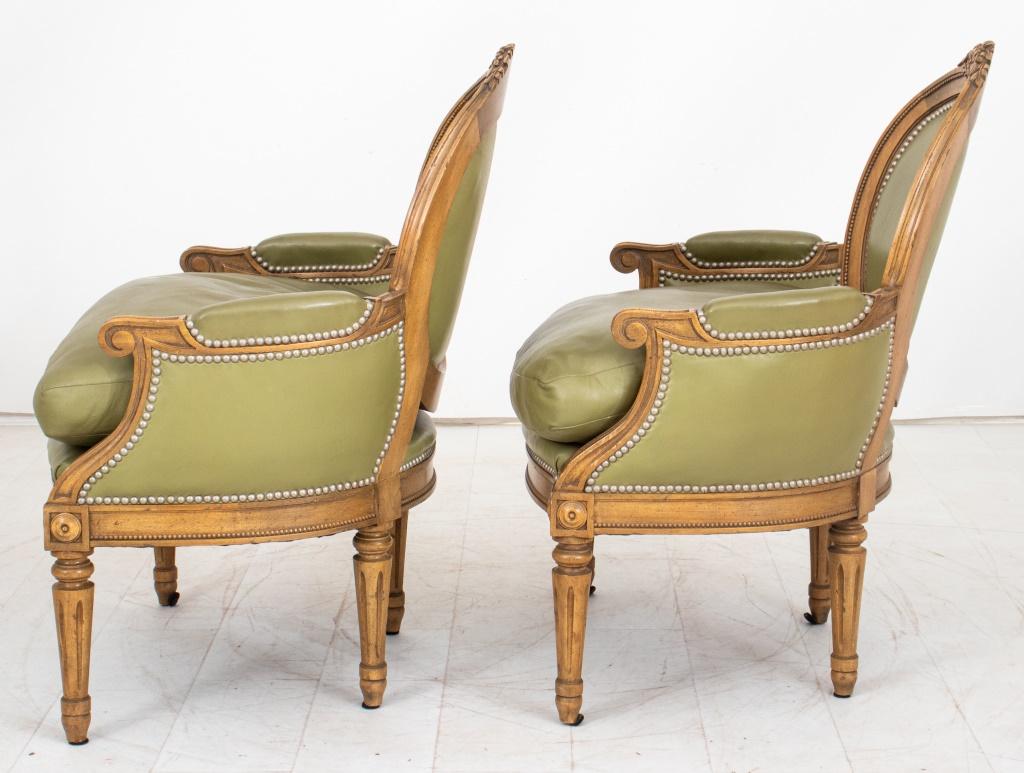 Louis XVI Style Green Leather Bergere Arm Chairs 2 3