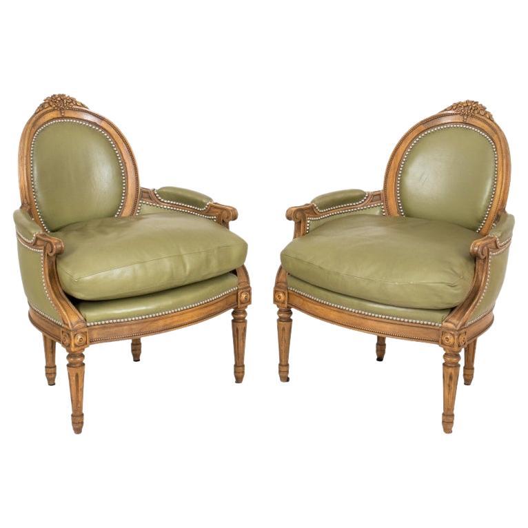 Louis XVI Style Green Leather Bergere Arm Chairs 2