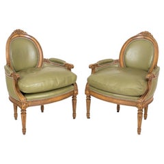 Vintage Louis XVI Style Green Leather Bergere Arm Chairs 2