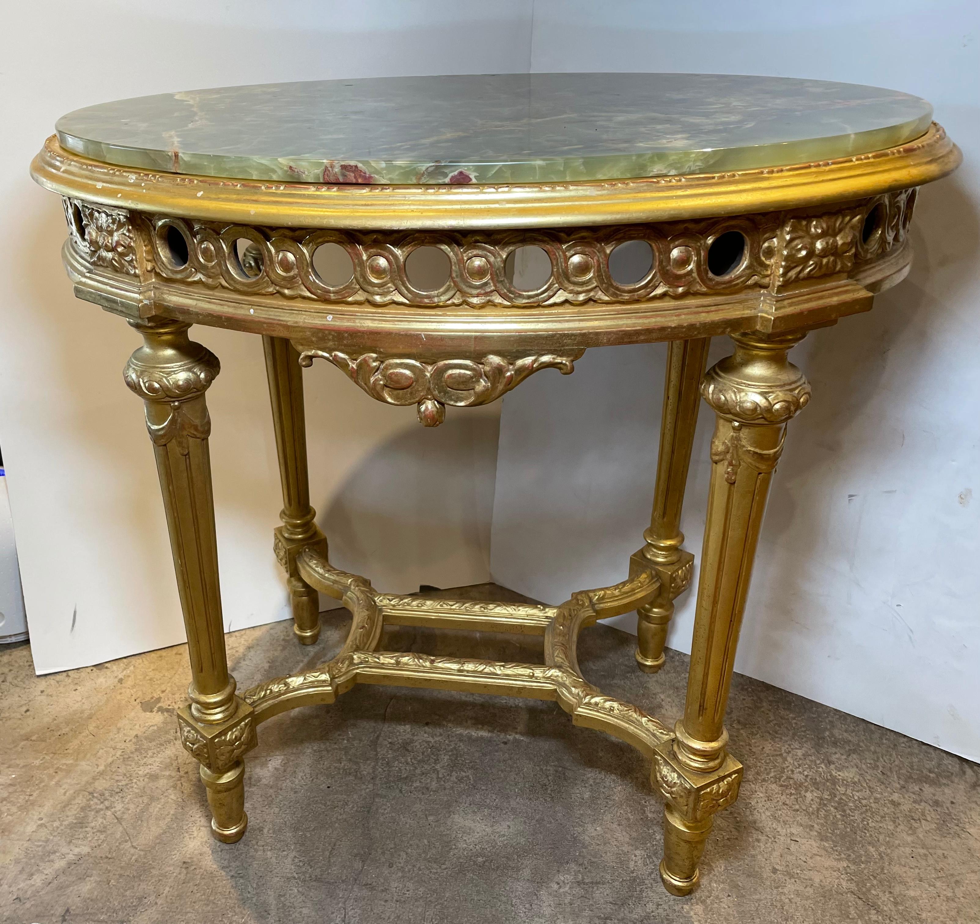 Louis XVI Style Green Onyx Top Gilded Wood Center Table For Sale 3