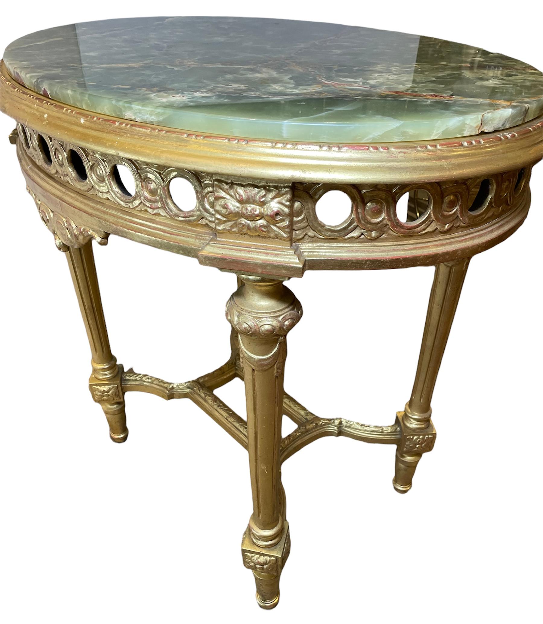 Hand-Carved Louis XVI Style Green Onyx Top Gilded Wood Center Table For Sale