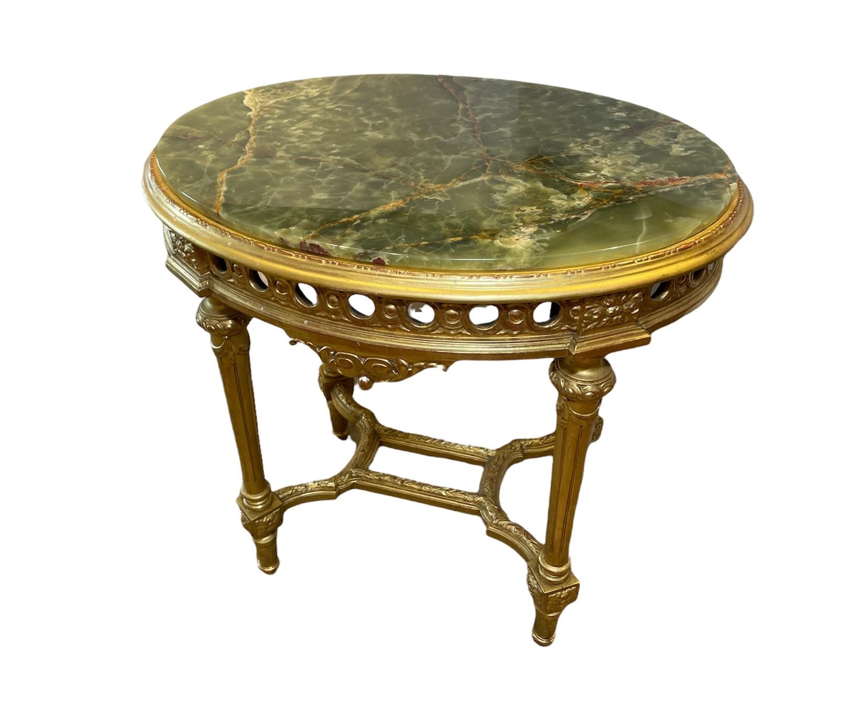 20th Century Louis XVI Style Green Onyx Top Gilded Wood Center Table For Sale