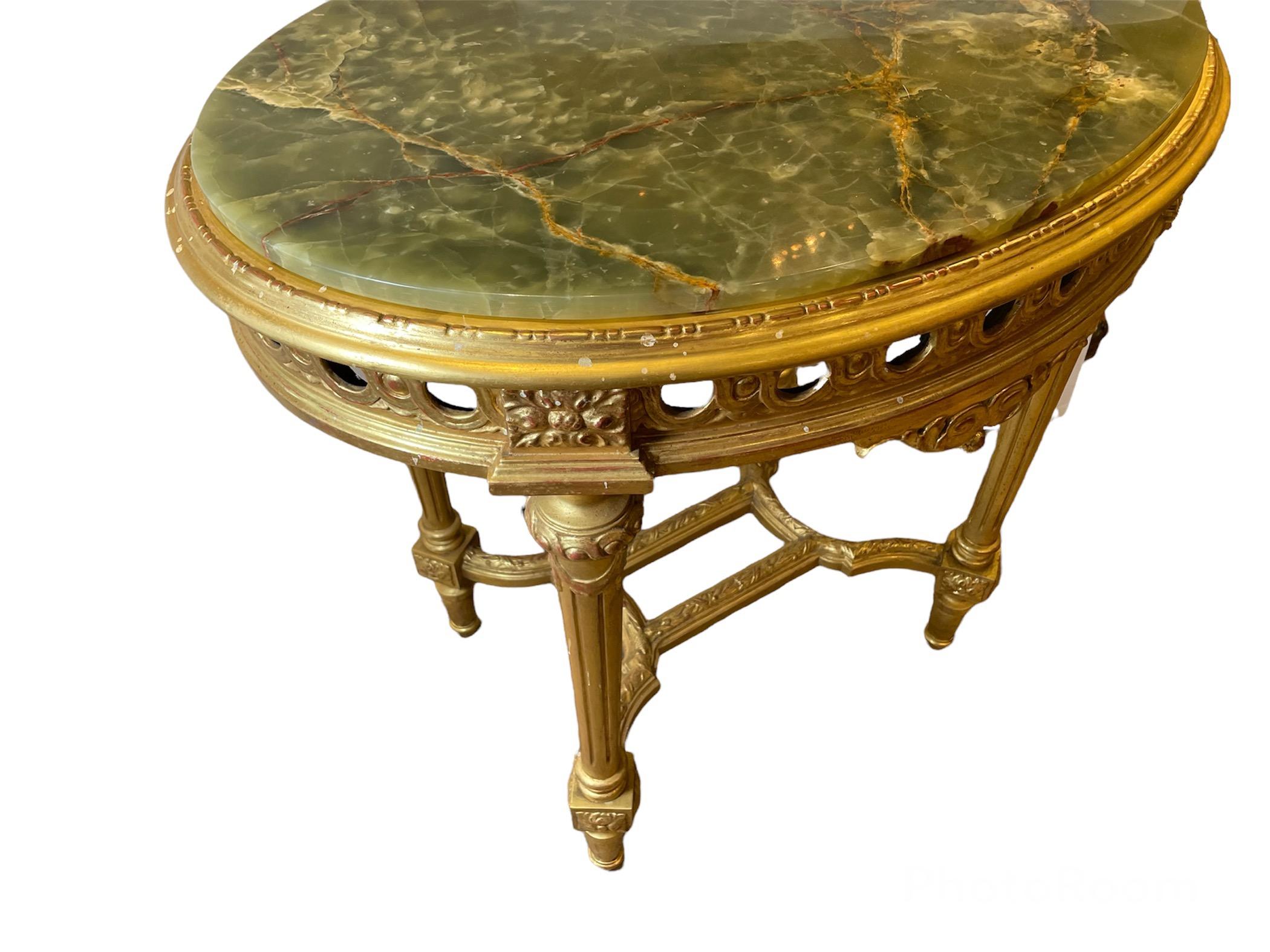 Louis XVI Style Green Onyx Top Gilded Wood Center Table For Sale 2