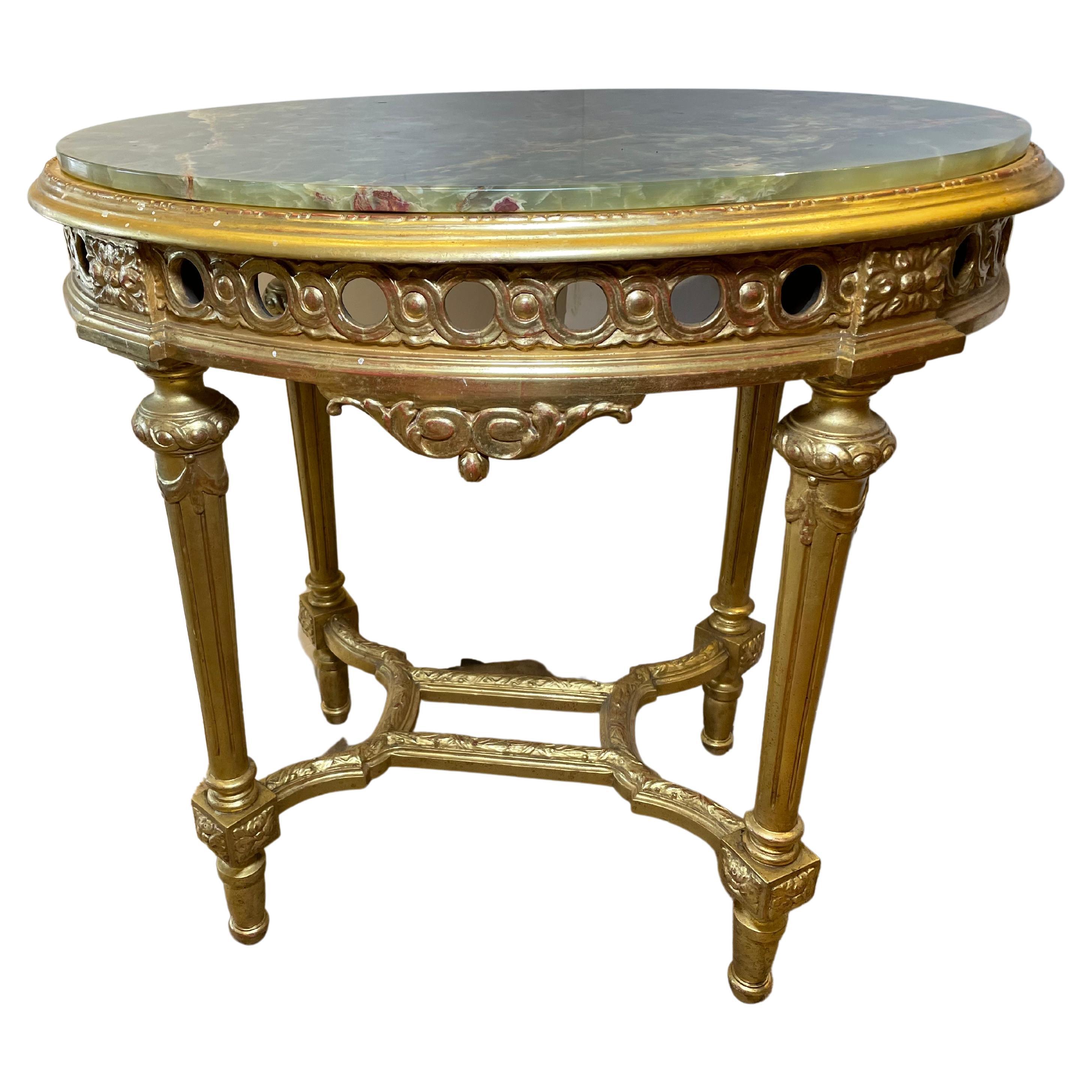 Louis XVI Style Green Onyx Top Gilded Wood Center Table For Sale