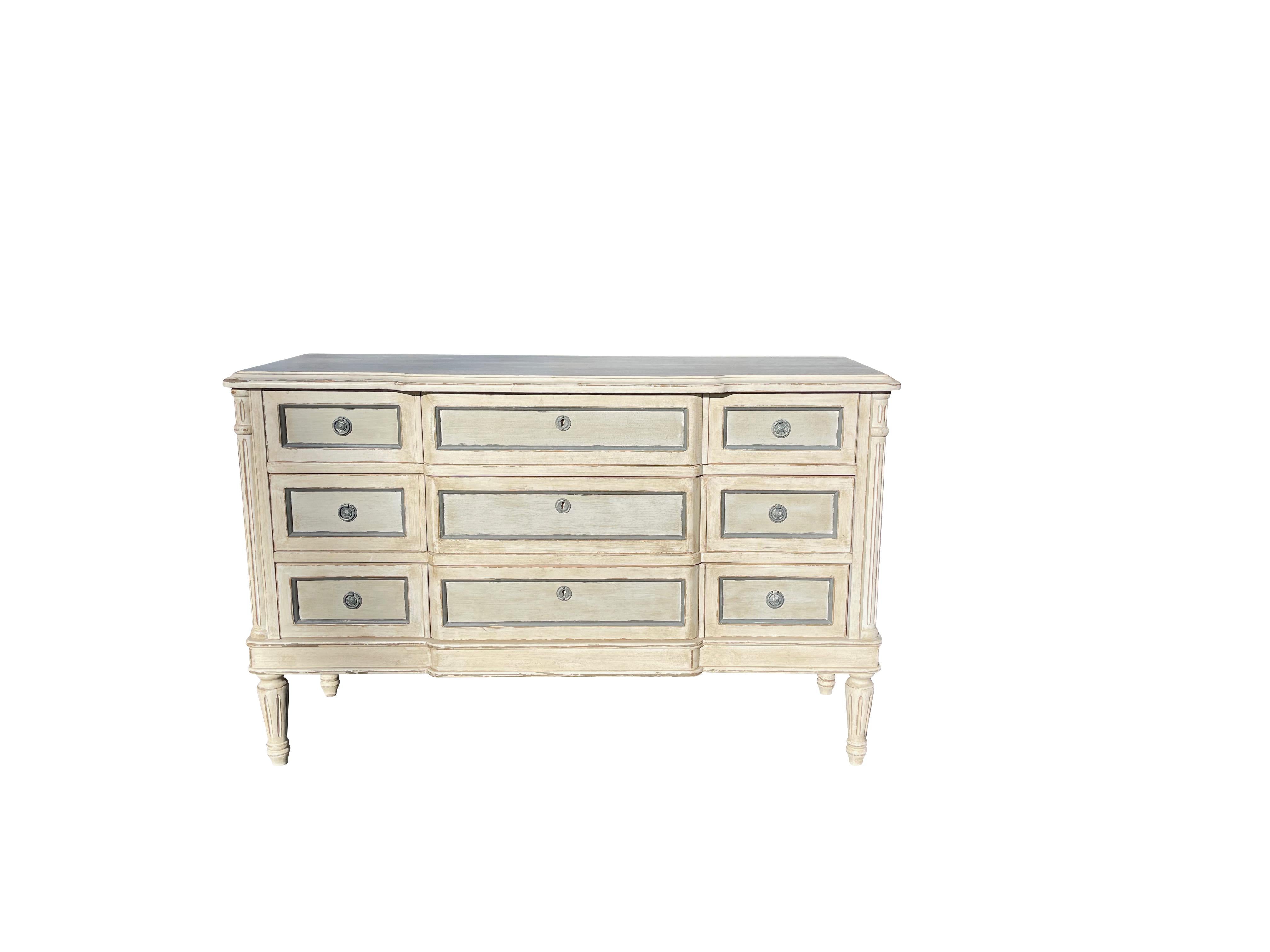 Wood Louis XVI  Style Grey and White Dresser / Chest