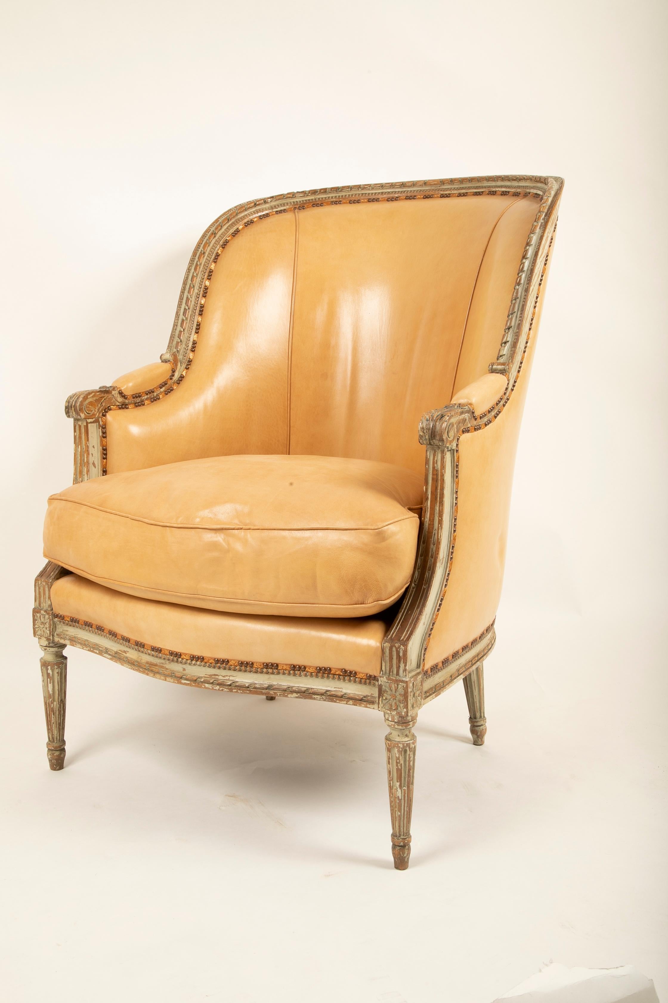 French Louis XVI Style Grey Painted Armchair Upholstered in Leather Sold Individually