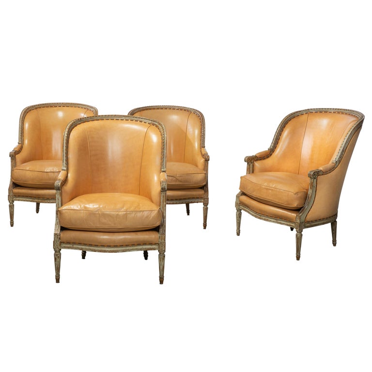 Louis XVI Style Grey Painted Armchair Upholstered in Leather Sold Individually For Sale at 1stdibs