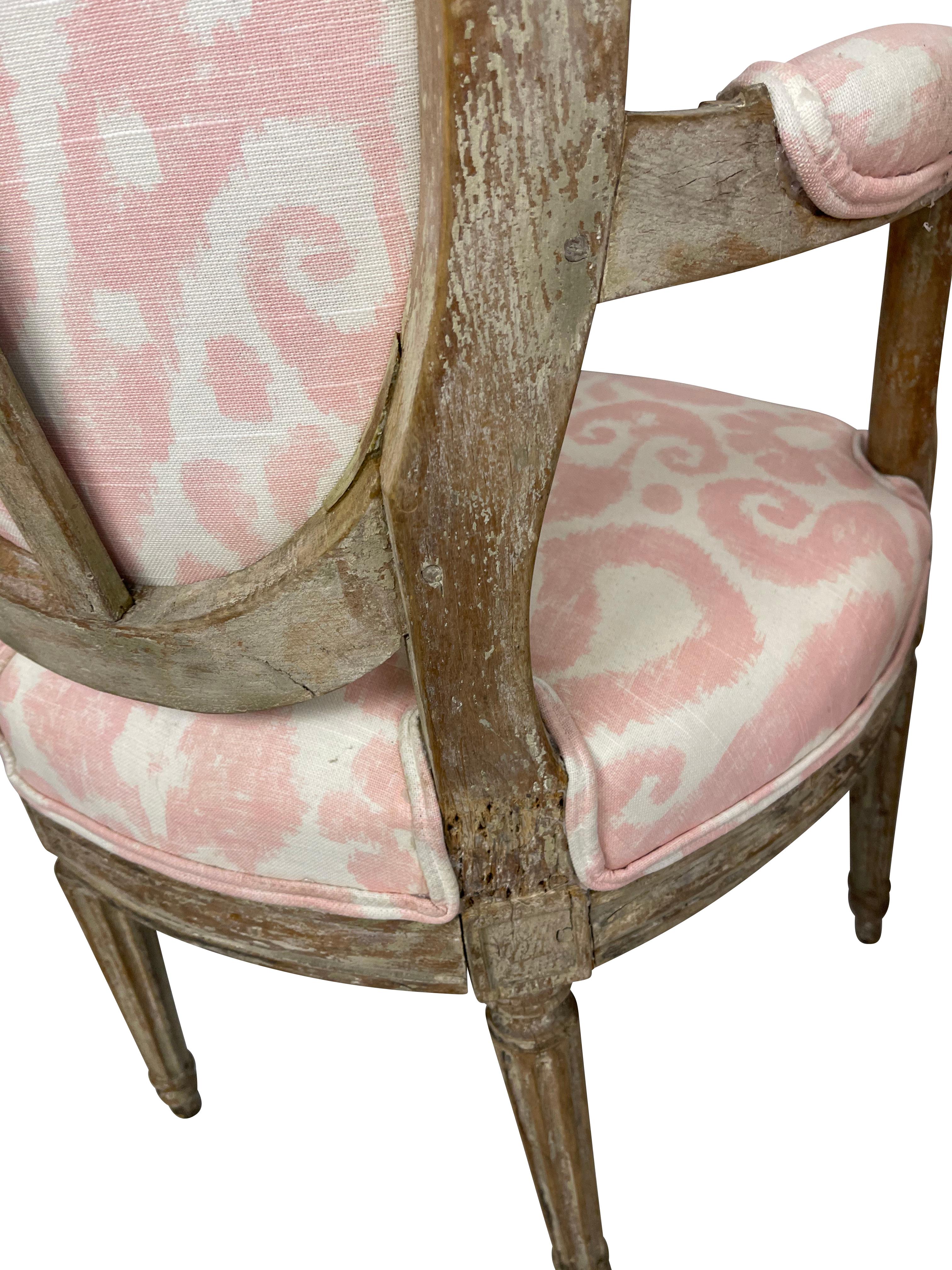 Louis XVI Style Grey Painted Armchairs in Pink and White Ikat Upholstery 4