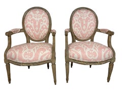 Louis XVI Style Grey Painted Armchairs in Pink and White Ikat Upholstery