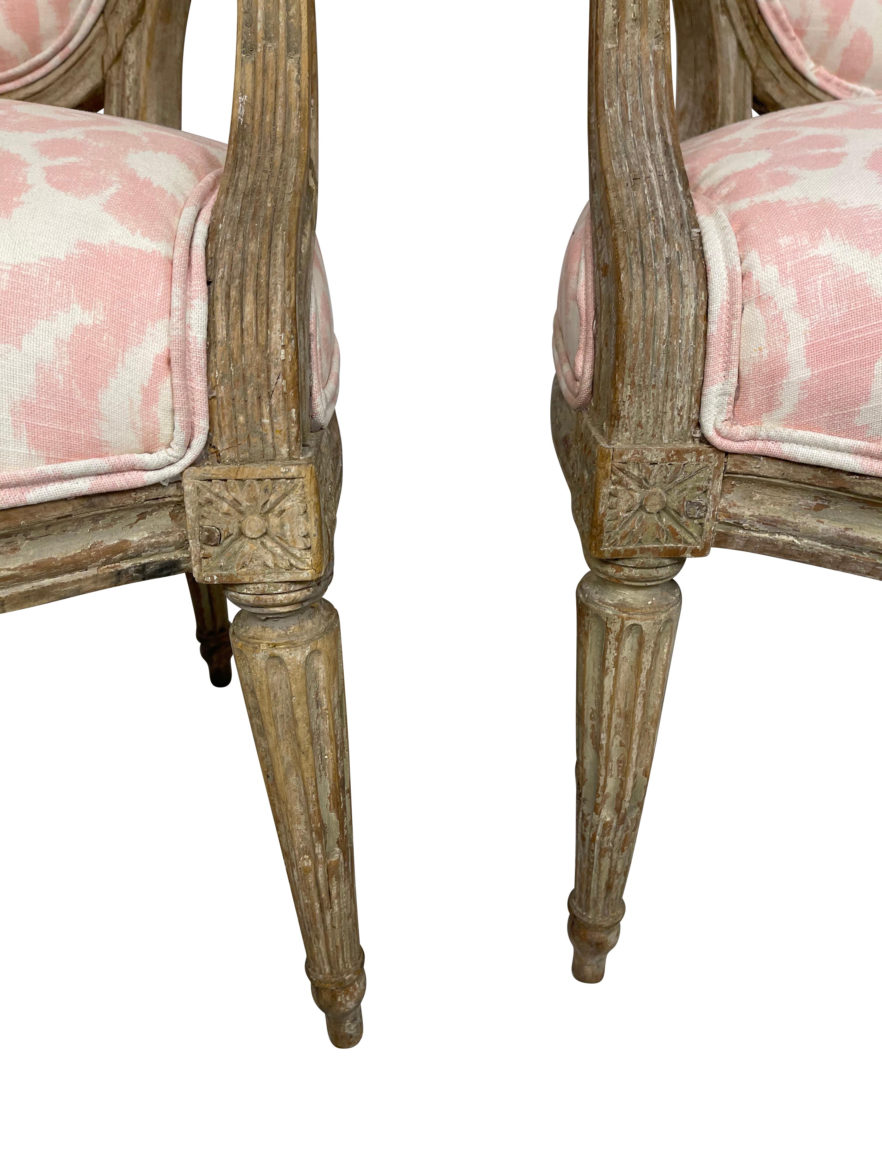American Louis XVI Style Grey Painted Armchairs in Pink and White Ikat Upholstery