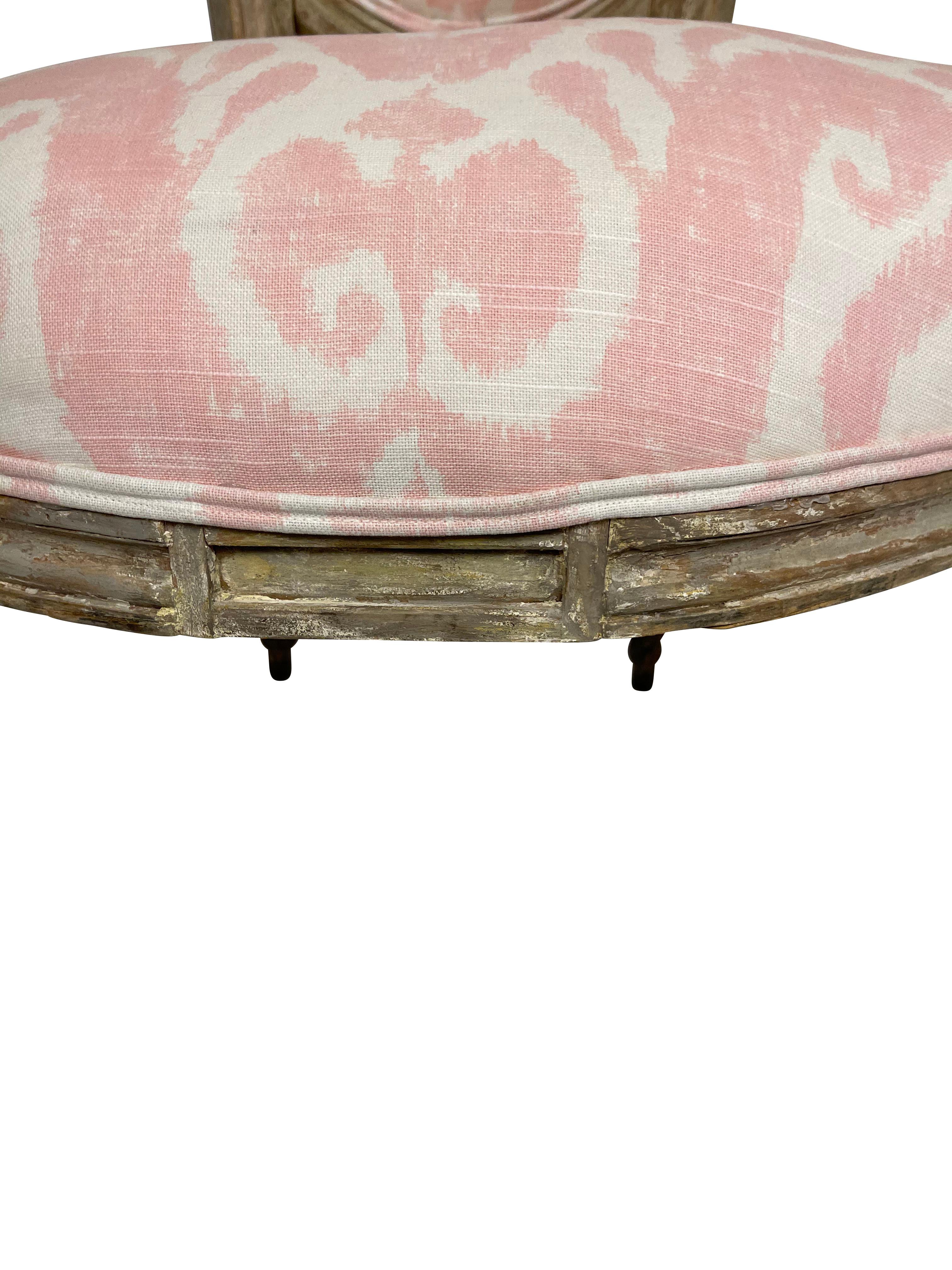 20th Century Louis XVI Style Grey Painted Armchairs in Pink and White Ikat Upholstery