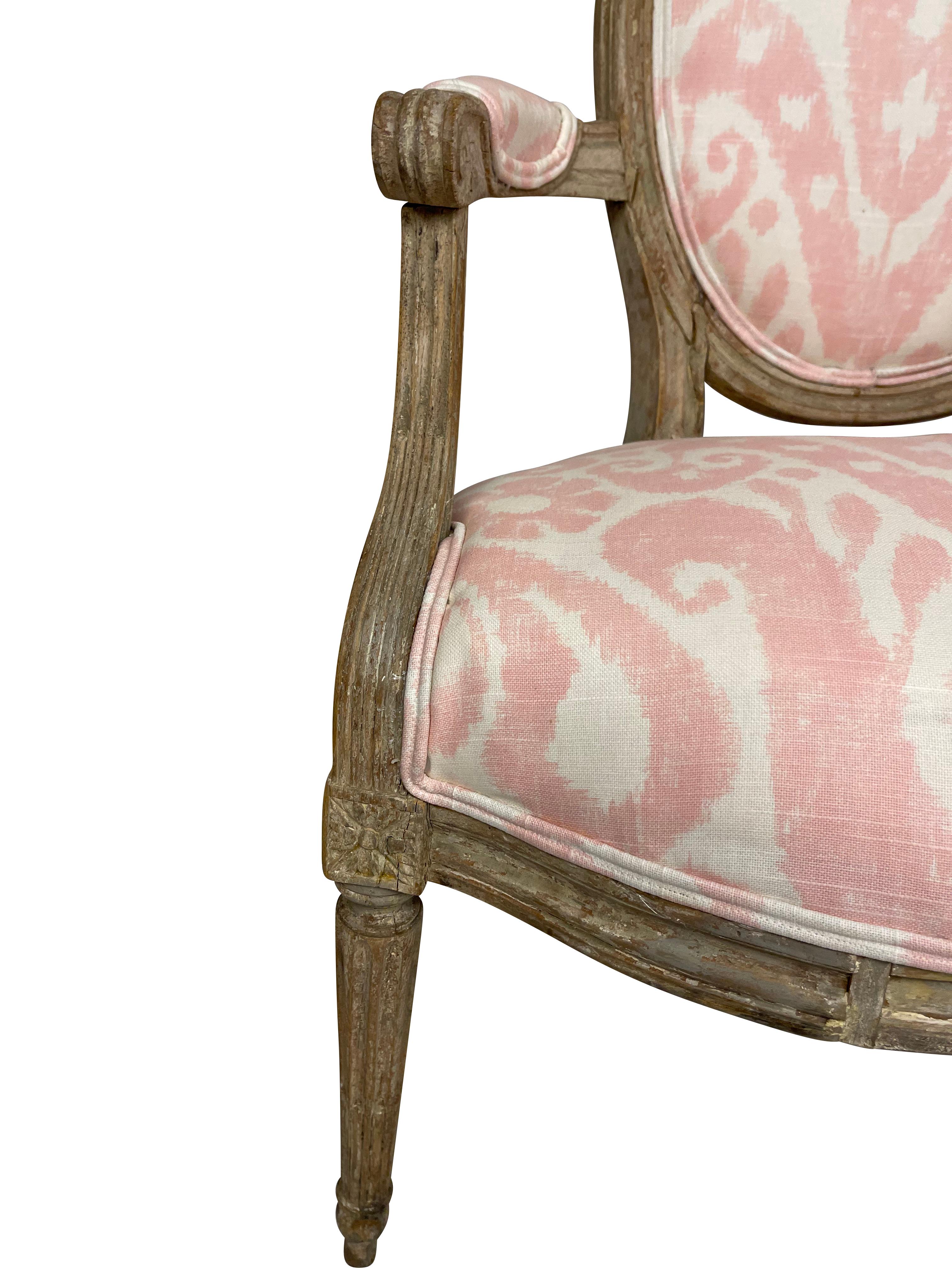 Wood Louis XVI Style Grey Painted Armchairs in Pink and White Ikat Upholstery