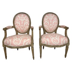 Antique Louis XVI Style Grey Painted Armchairs in Pink and White Ikat Upholstery