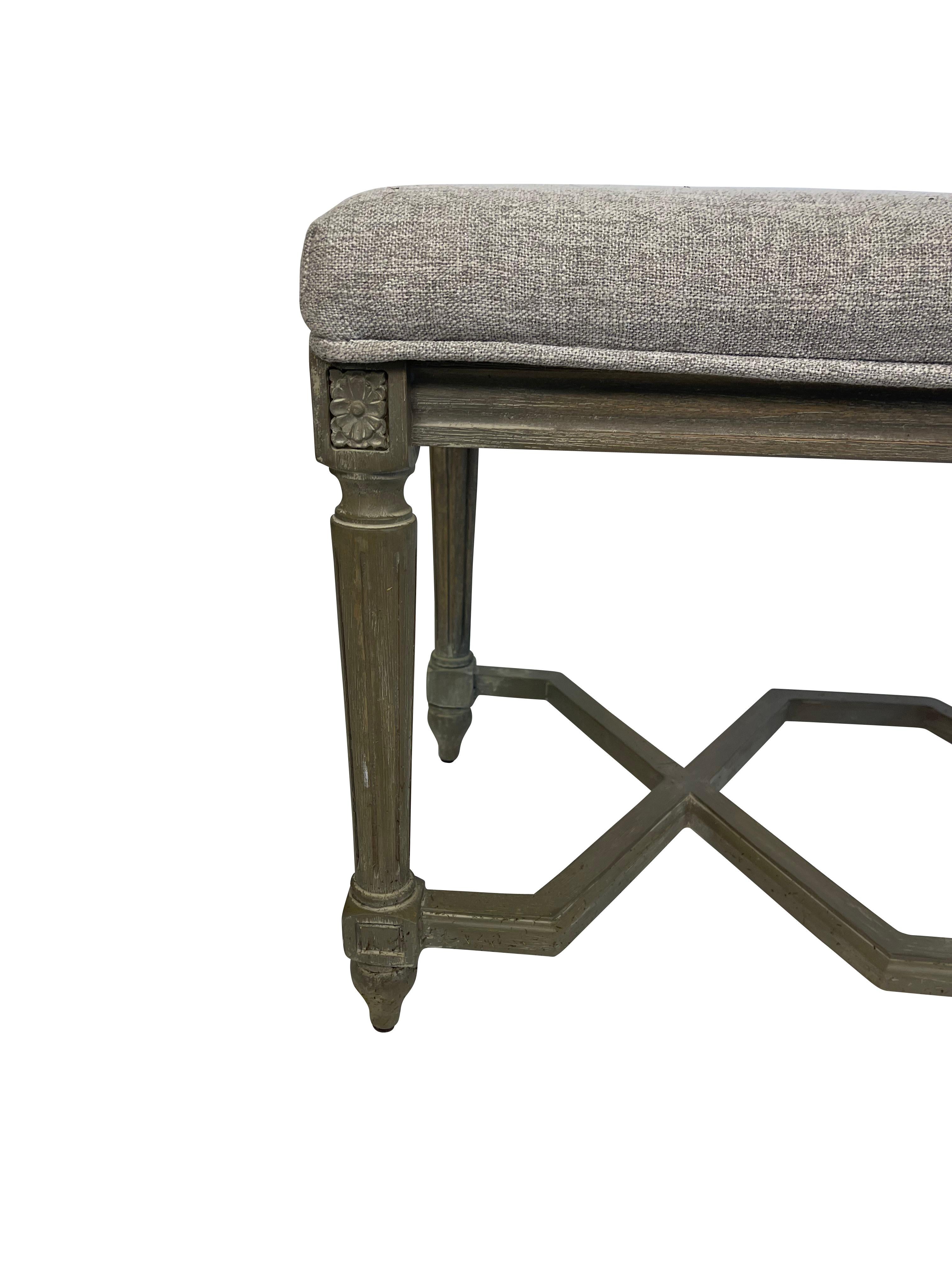Louis XVI Style Grey Painted Bench with Grey Upholstery In Good Condition In Essex, MA