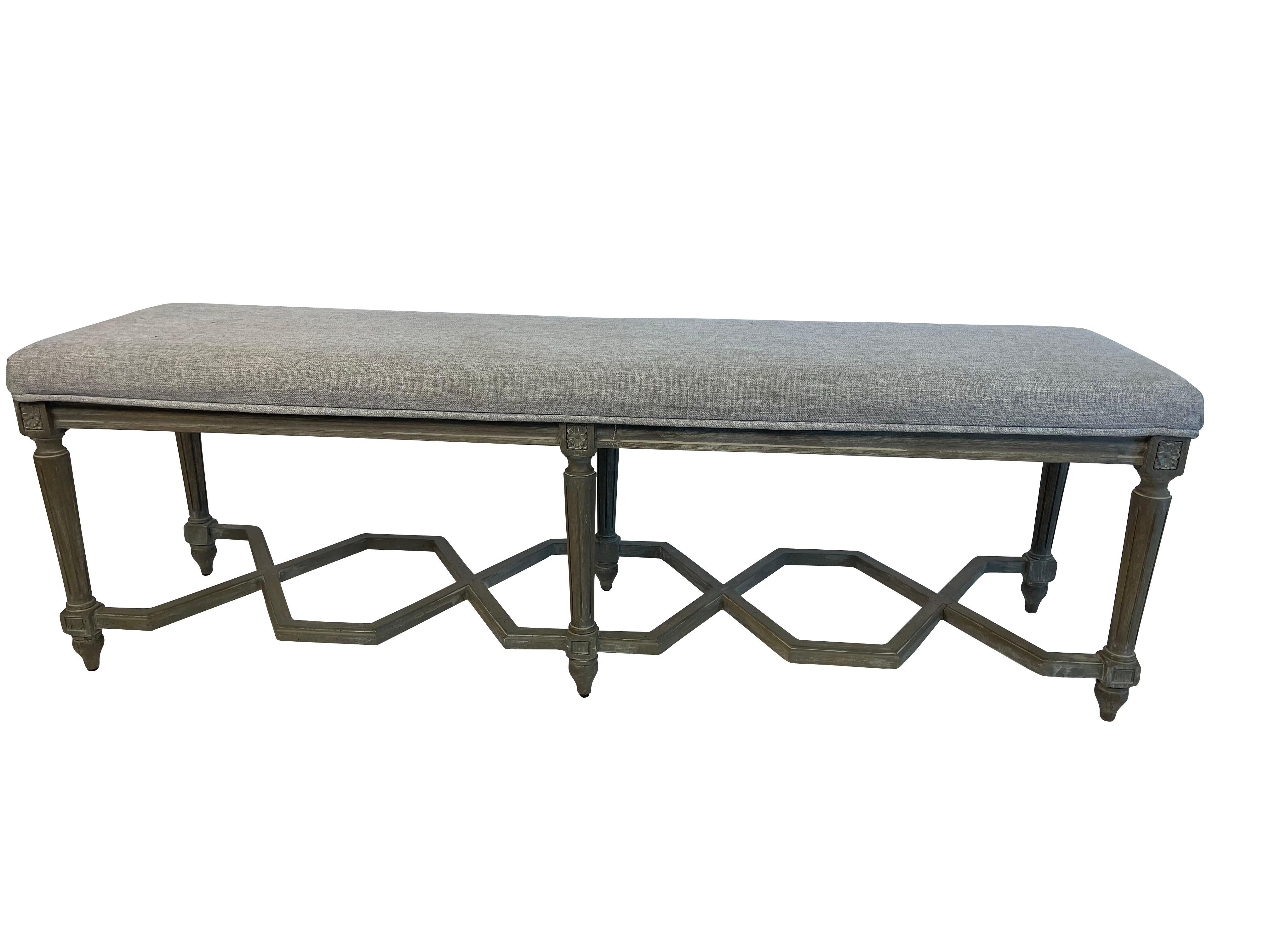 Wood Louis XVI Style Grey Painted Bench with Grey Upholstery