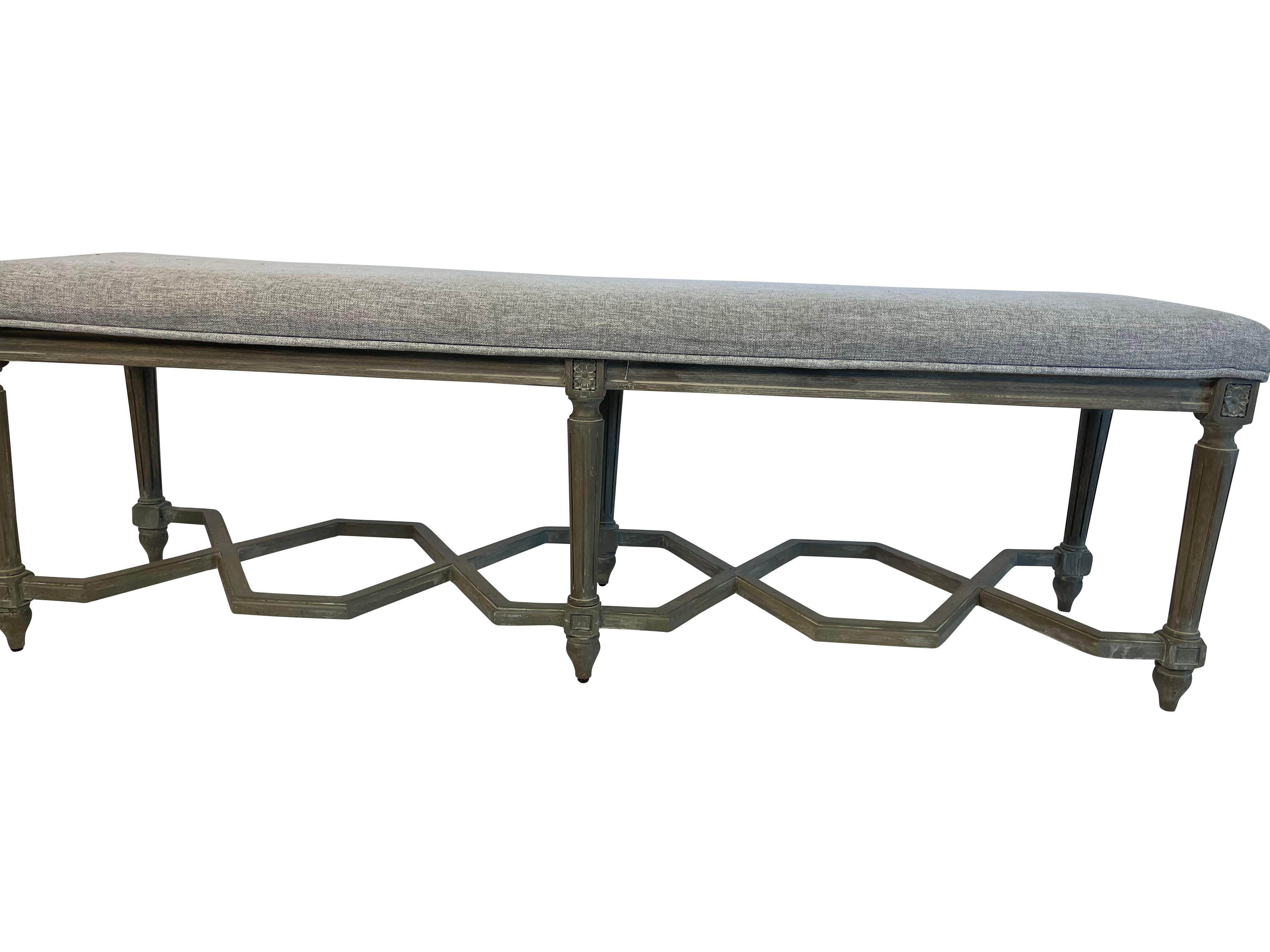 Louis XVI Style Grey Painted Bench with Grey Upholstery 1