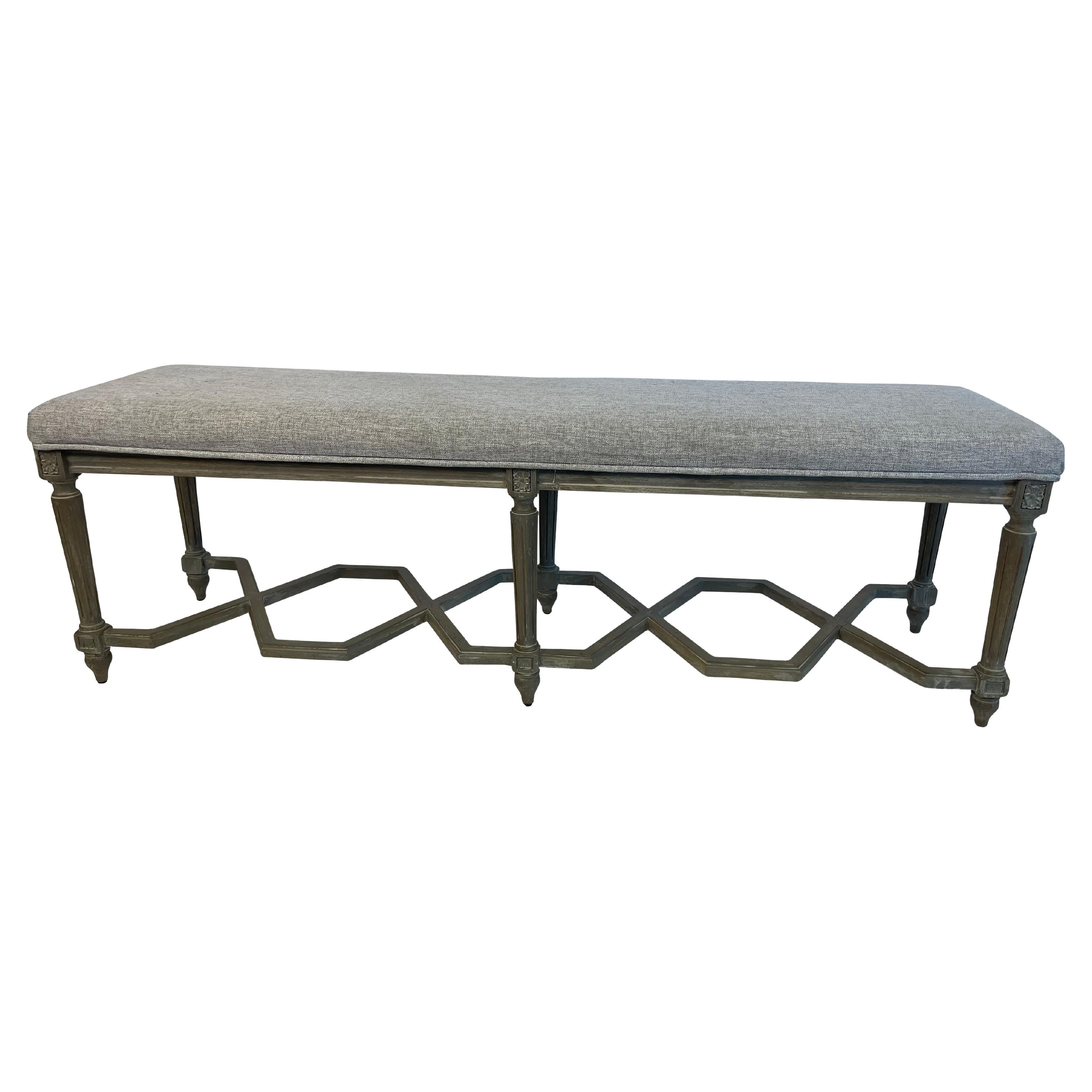 Louis XVI Style Grey Painted Bench with Grey Upholstery