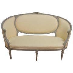 Louis XVI Style Grey Painted Sofa Newly Upholstered in Soft Yellow Fabric