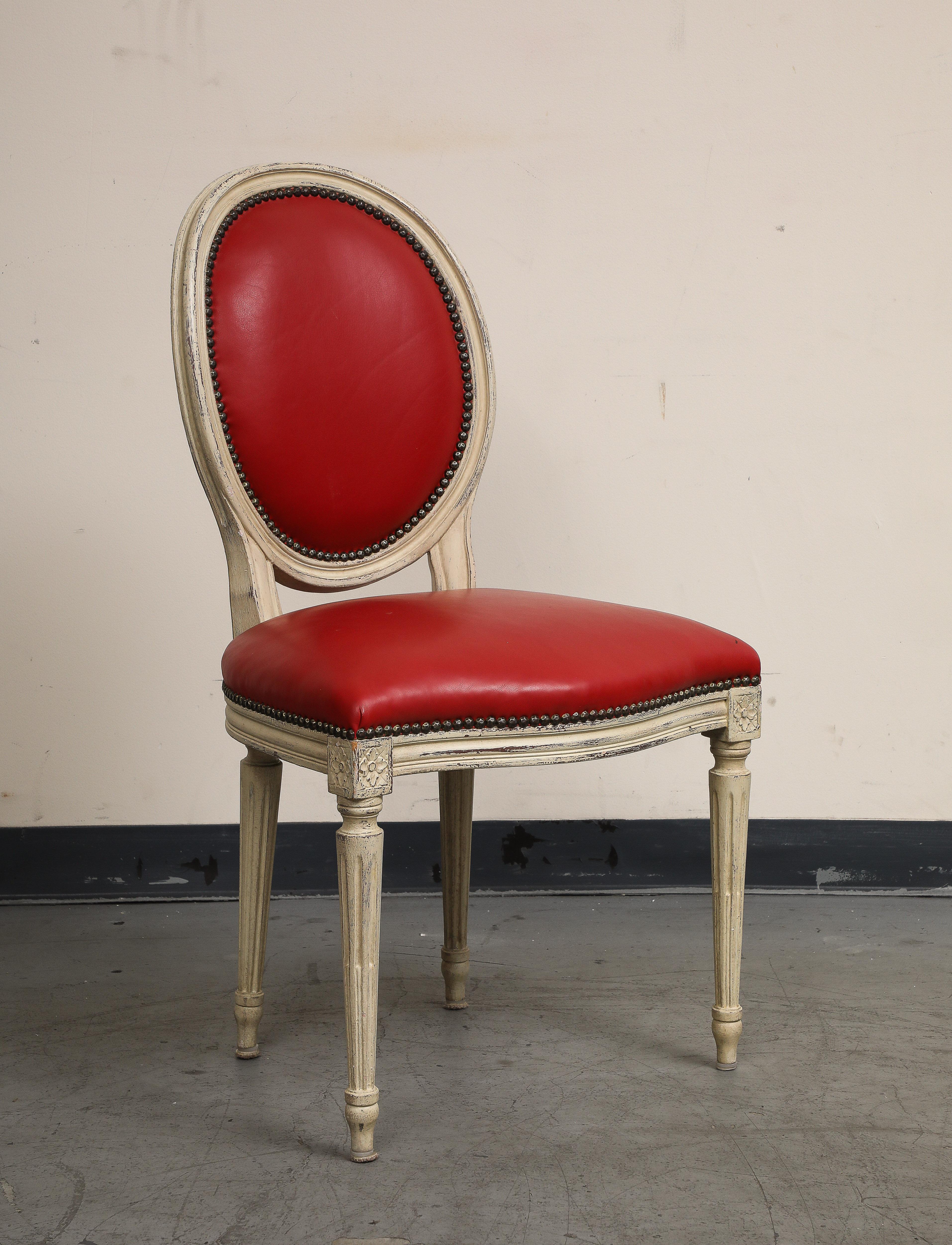 Louis XVI Style Grisaille Chairs with Red Leather by Baker, Group of 14 For Sale 3