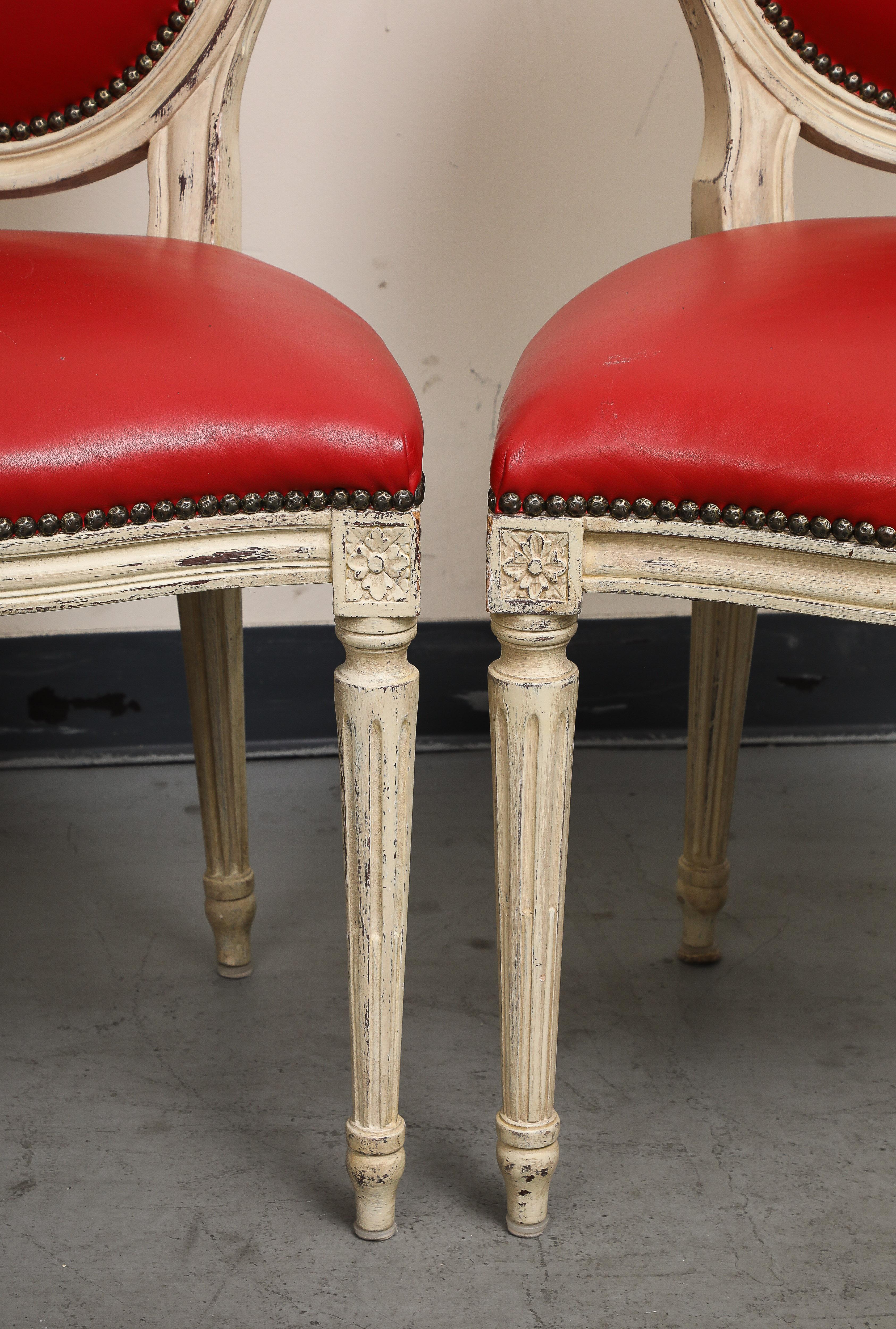 Louis XVI Style Grisaille Chairs with Red Leather by Baker, Group of 14 For Sale 8