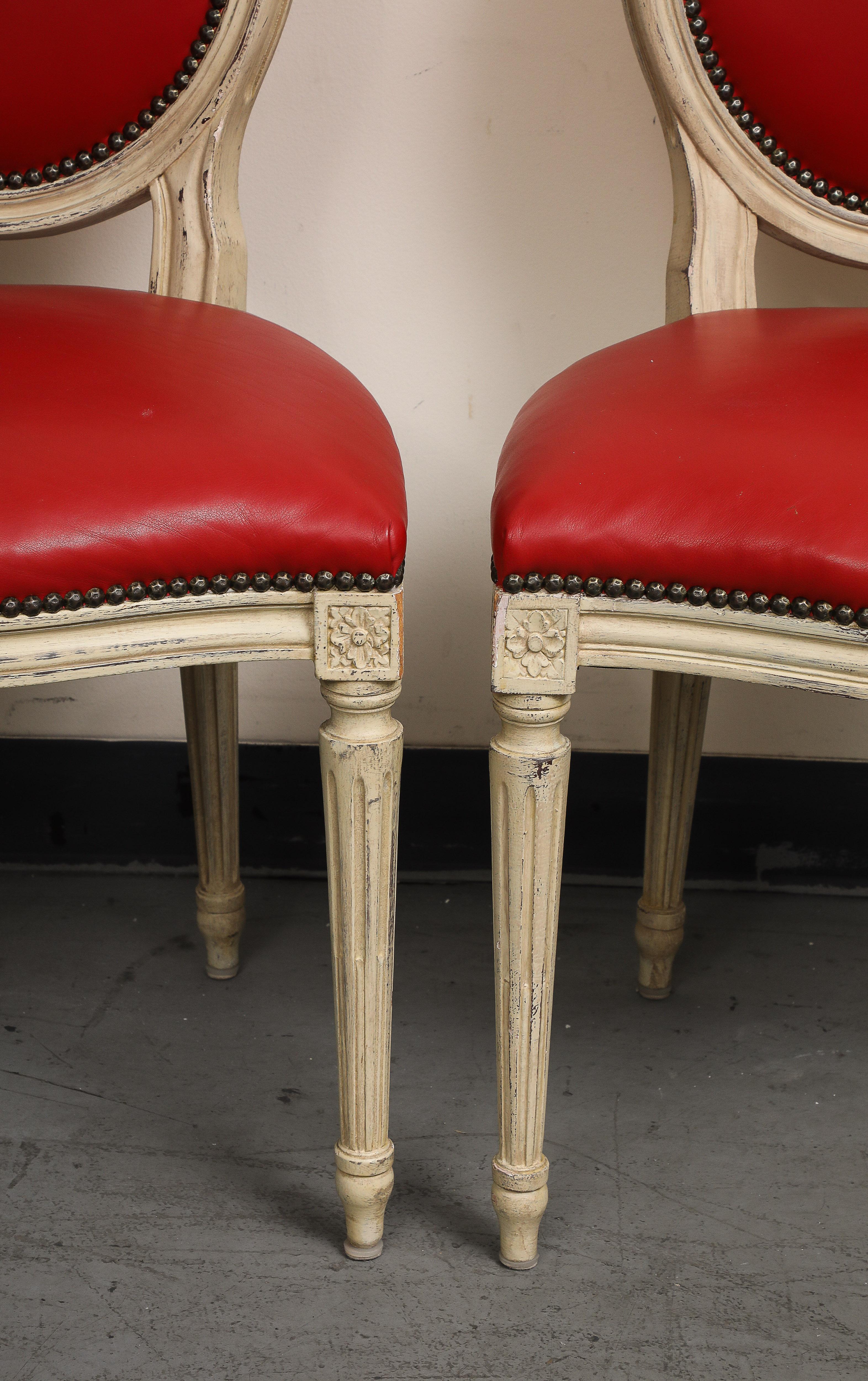 Louis XVI Style Grisaille Chairs with Red Leather by Baker, Group of 14 For Sale 10