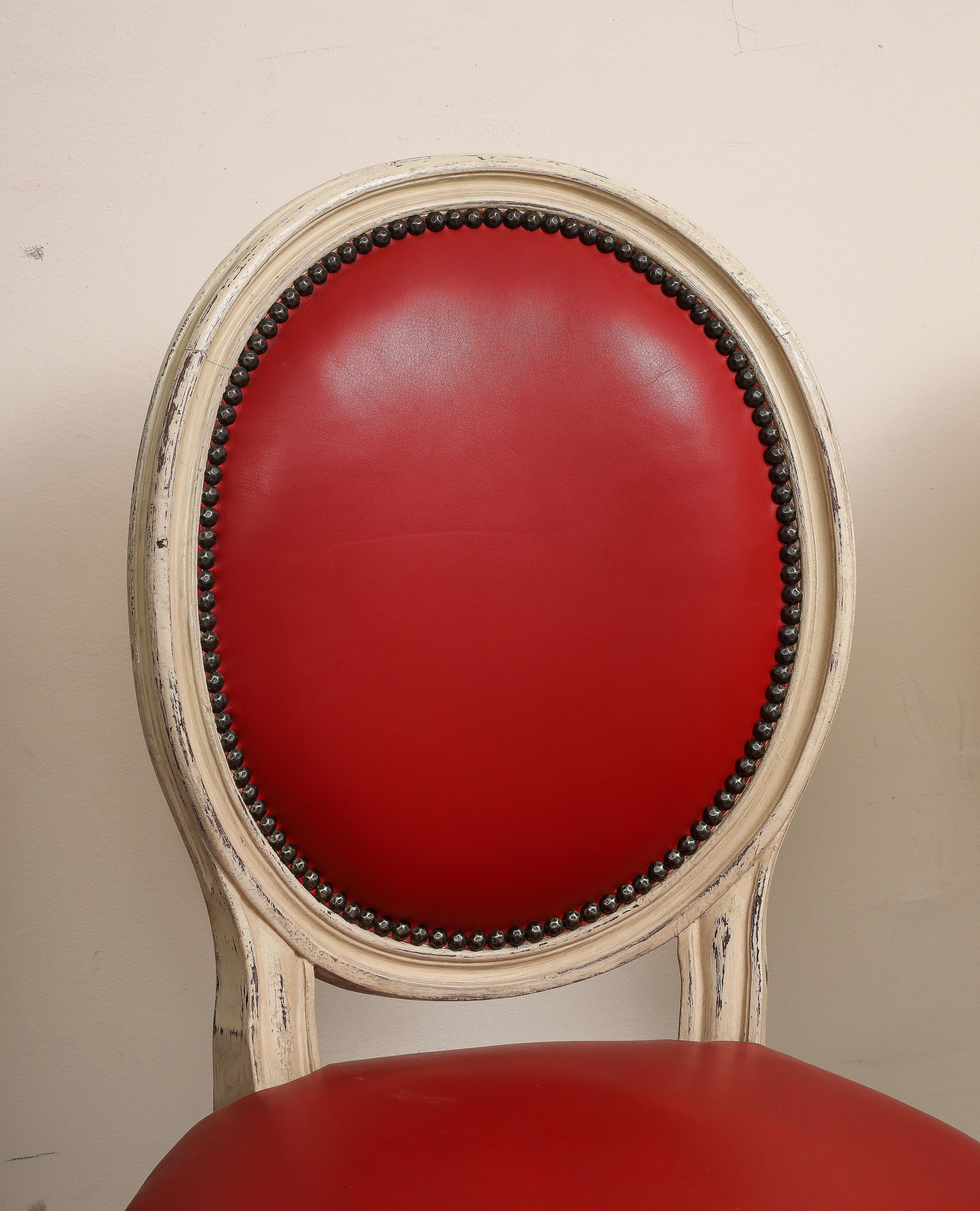 Louis XVI Style Grisaille Chairs with Red Leather by Baker, Group of 14 For Sale 11