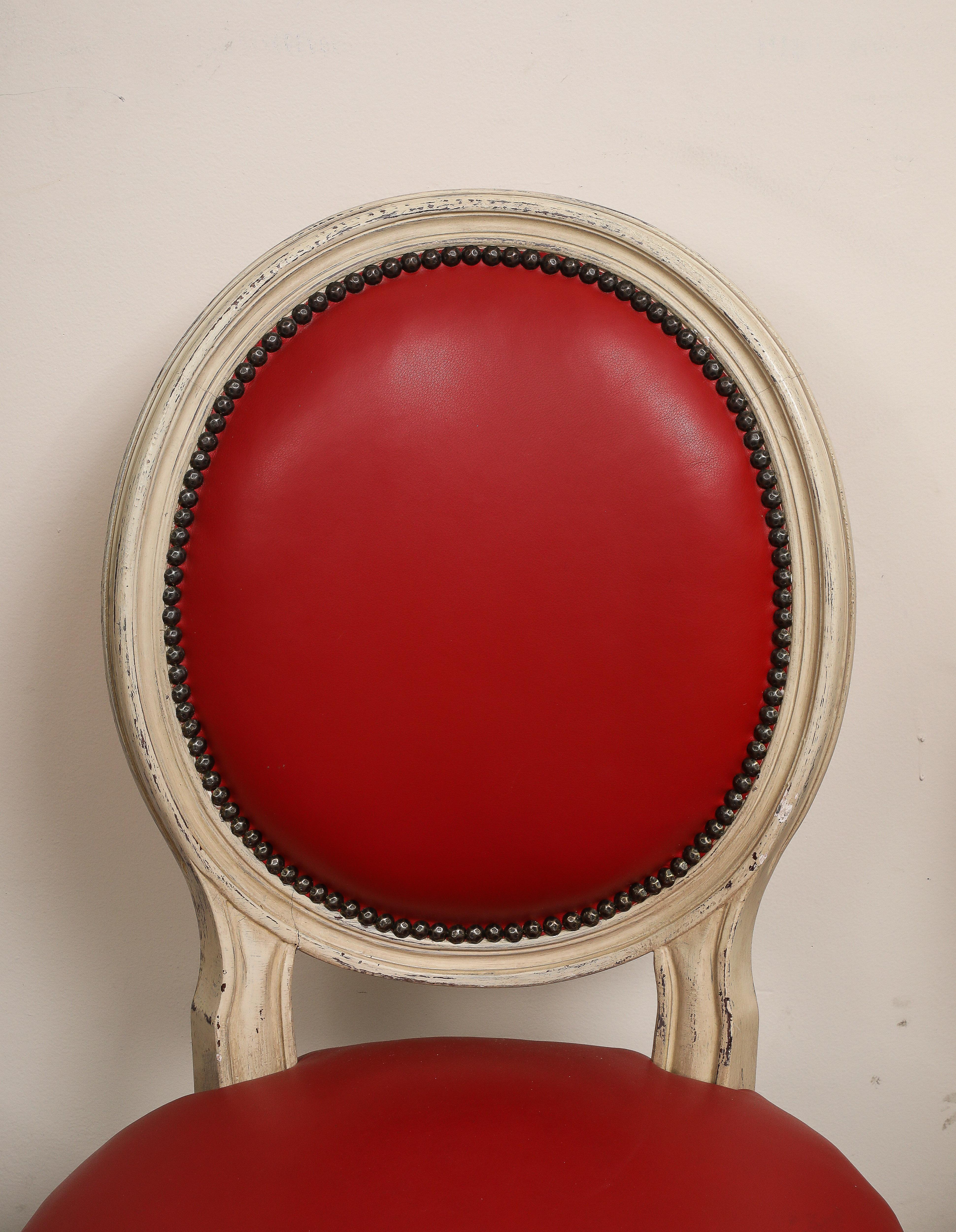 Louis XVI Style Grisaille Chairs with Red Leather by Baker, Group of 14 For Sale 12