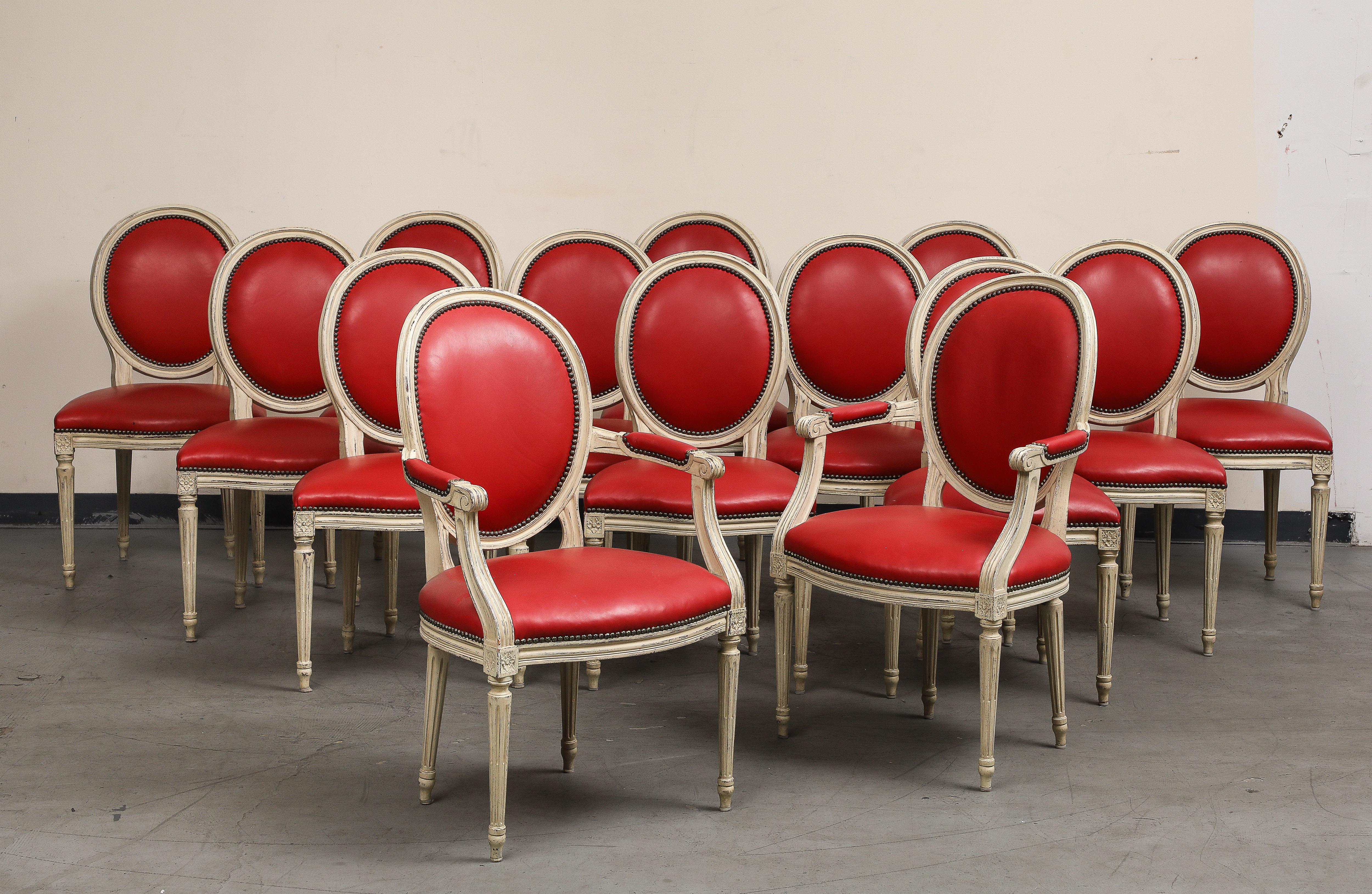 Painted Louis XVI Style Grisaille Chairs with Red Leather by Baker, Group of 14 For Sale