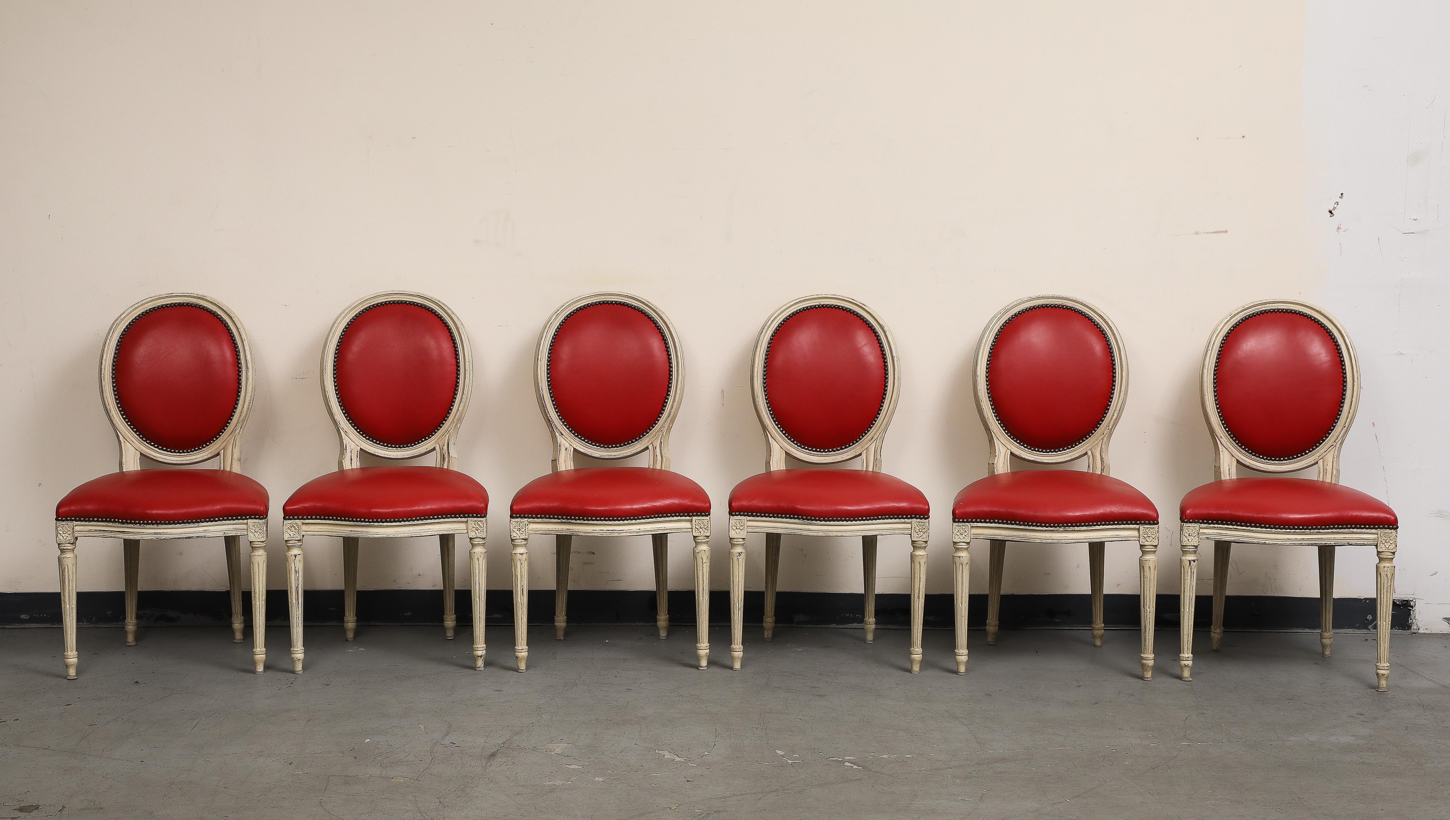 20th Century Louis XVI Style Grisaille Chairs with Red Leather by Baker, Group of 14 For Sale