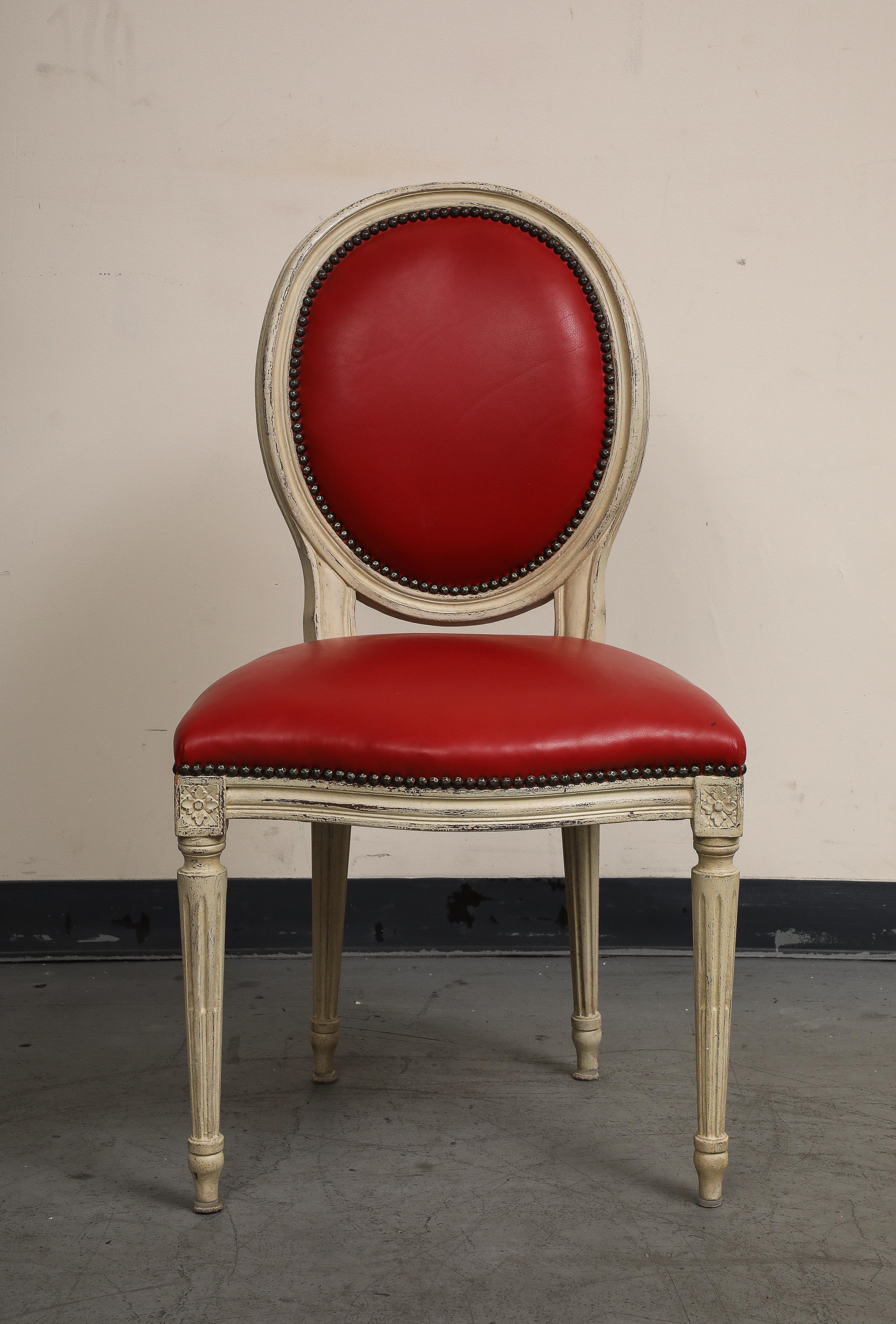 Louis XVI Style Grisaille Chairs with Red Leather by Baker, Group of 14 For Sale 2