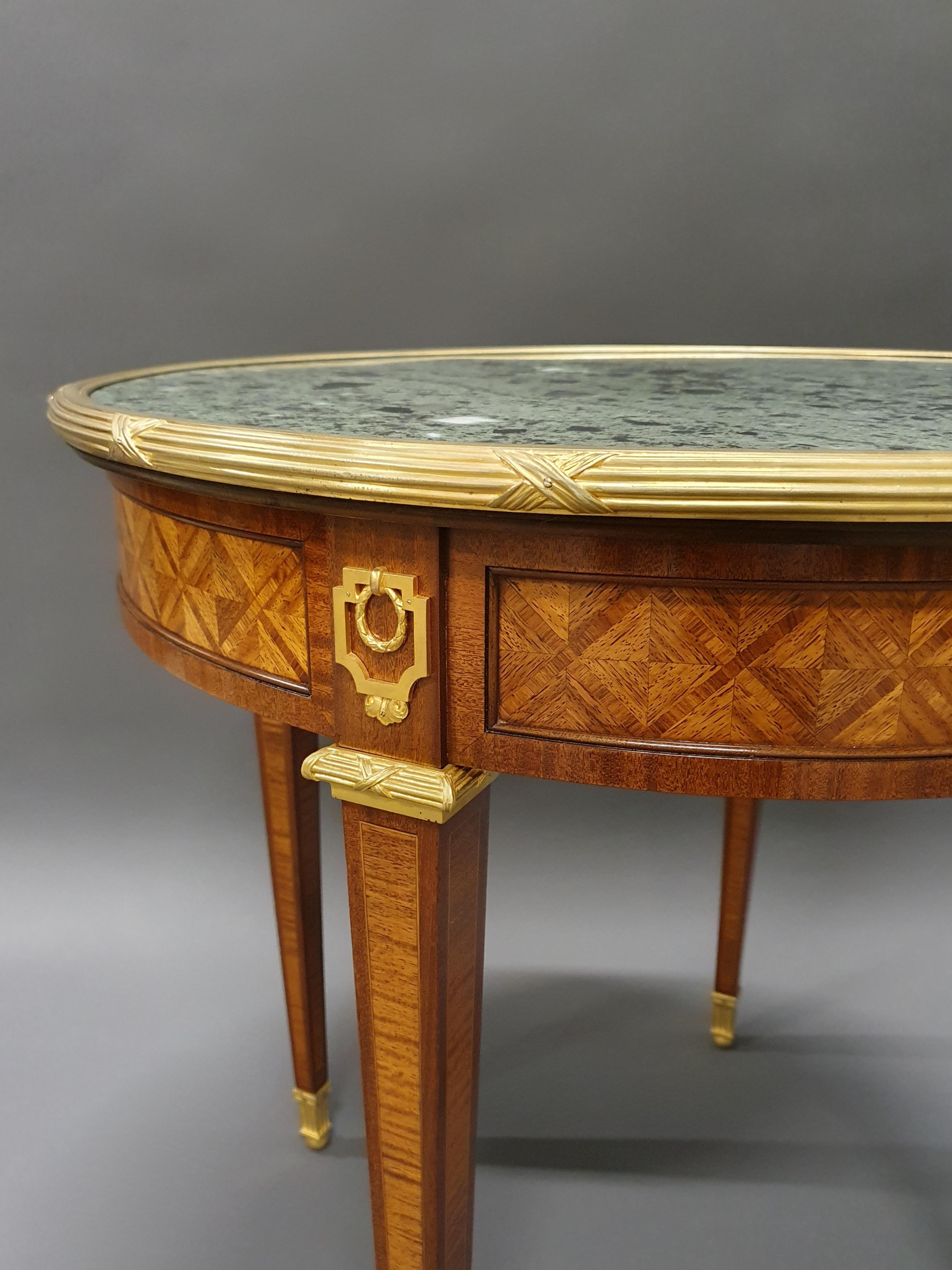 Kingwood Louis XVI Style Gueridon Table in Marquetry and Gilt Bronze For Sale