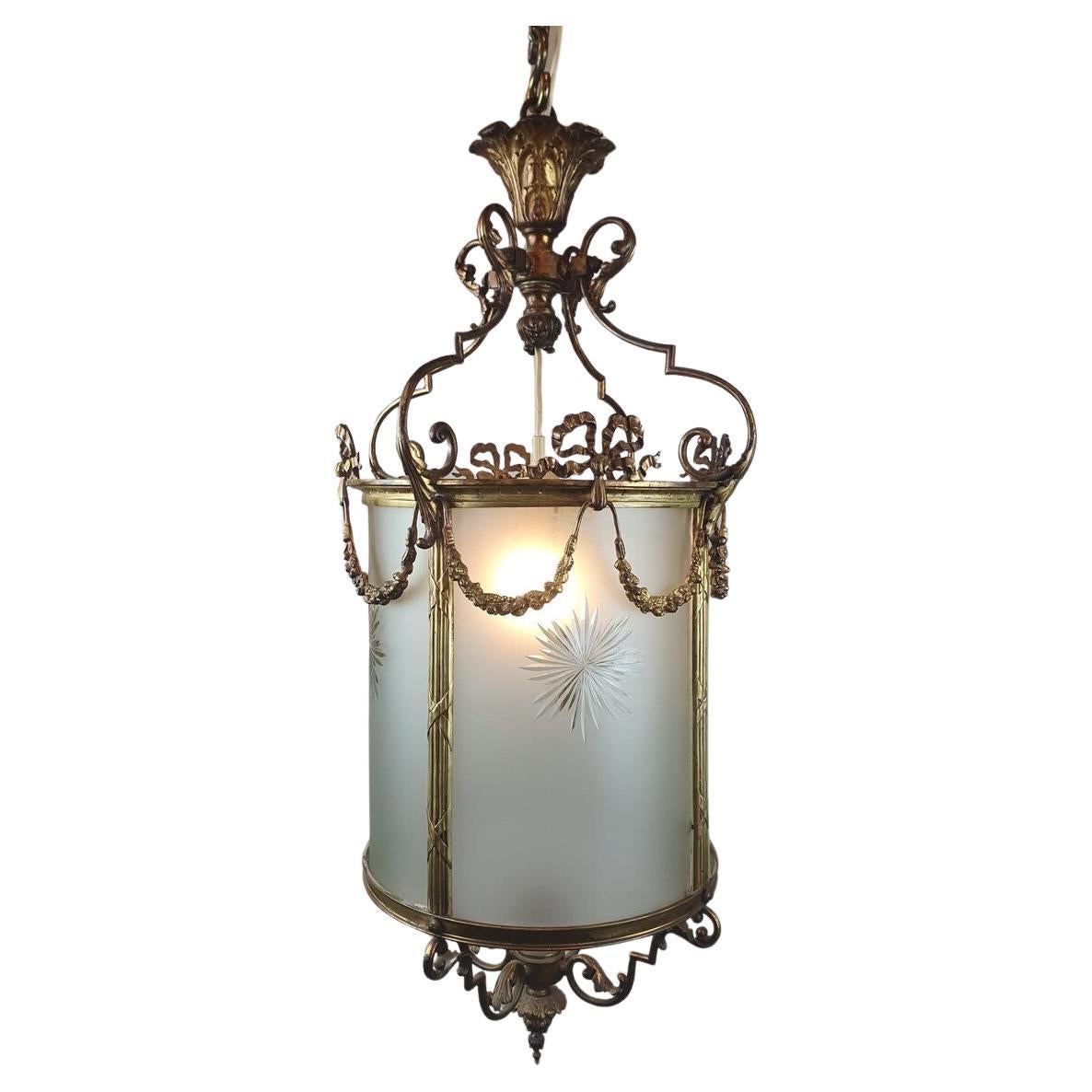 Louis XVI Style Hall Lantern In Bronze And Brass, 1900s For Sale