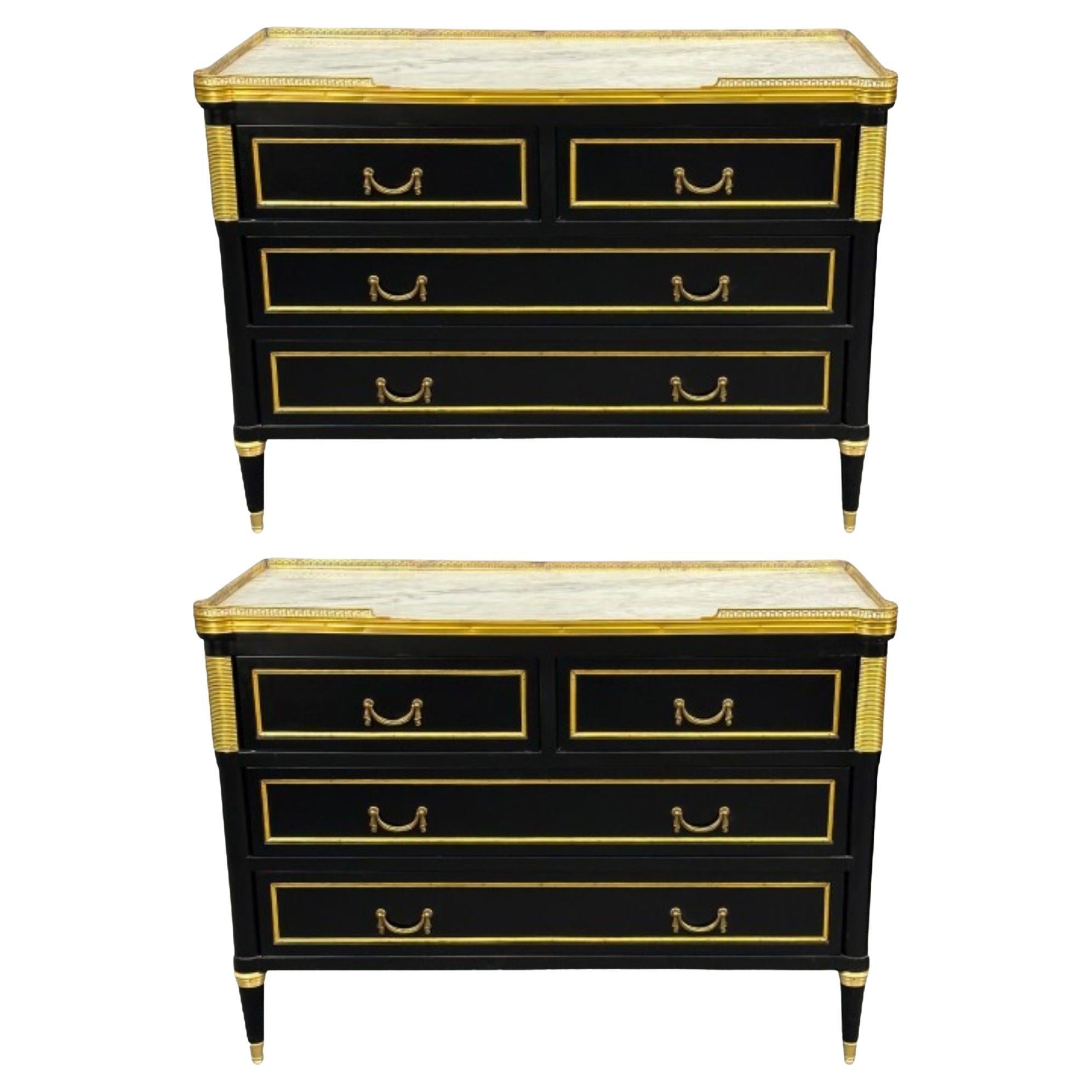 Stile Luigi XVI, Hollywood Regency, Commodes, Legno verniciato nero, Bronzo, Marmo