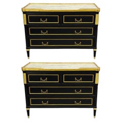 Louis XVI Style, Hollywood Regency, Commodes, Black Painted Wood, Bronze, Marble