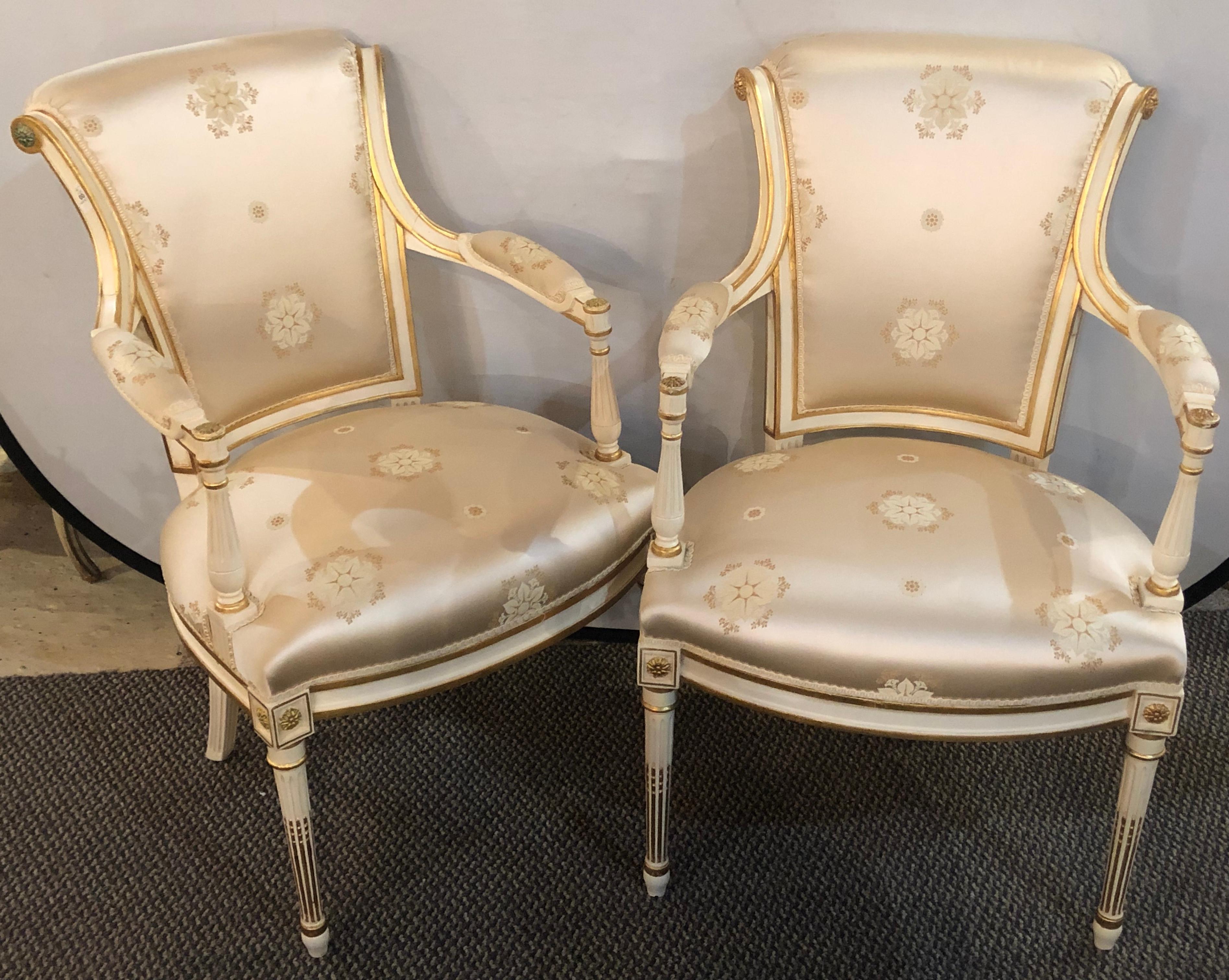 Louis XVI Style Hollywood Regency Fauteuils Scalamandre Silk Upholstery Jansen In Good Condition For Sale In Stamford, CT