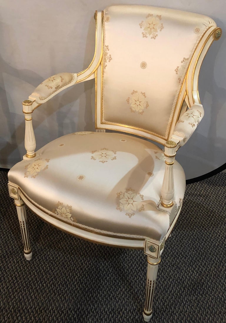 Mid-20th Century Louis XVI Style Hollywood Regency Fauteuils Scalamandre Silk Upholstery Jansen For Sale