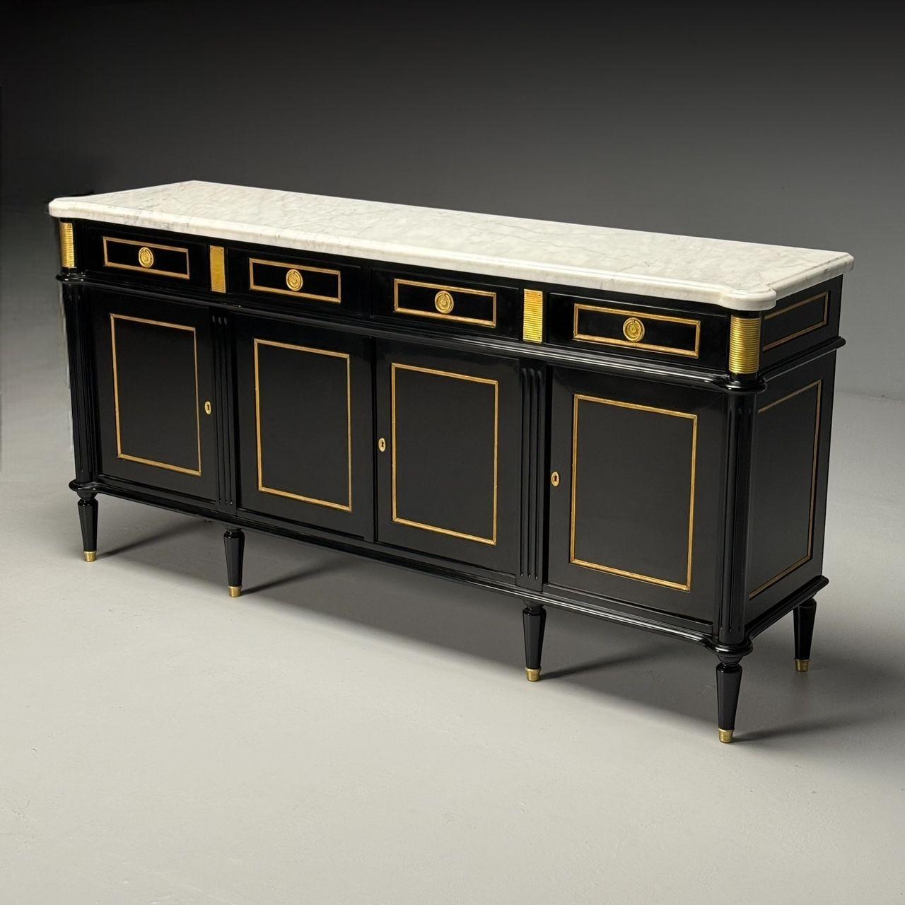 Louis XVI Style, Hollywood Regency, Sideboard, Black Lacquer, Marble, Bronze In Good Condition For Sale In Manhasset, NY