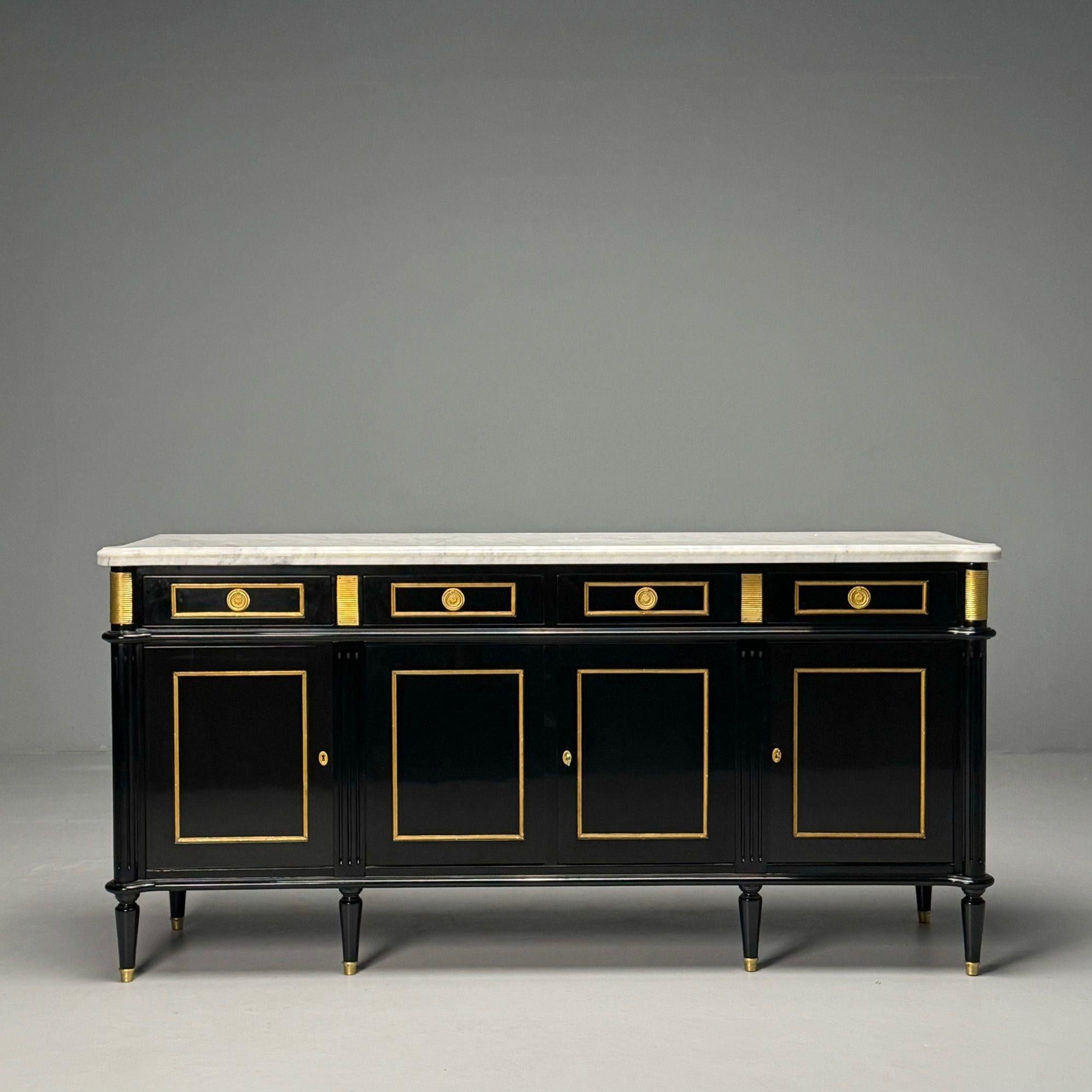Late 20th Century Louis XVI Style, Hollywood Regency, Sideboard, Black Lacquer, Marble, Bronze For Sale