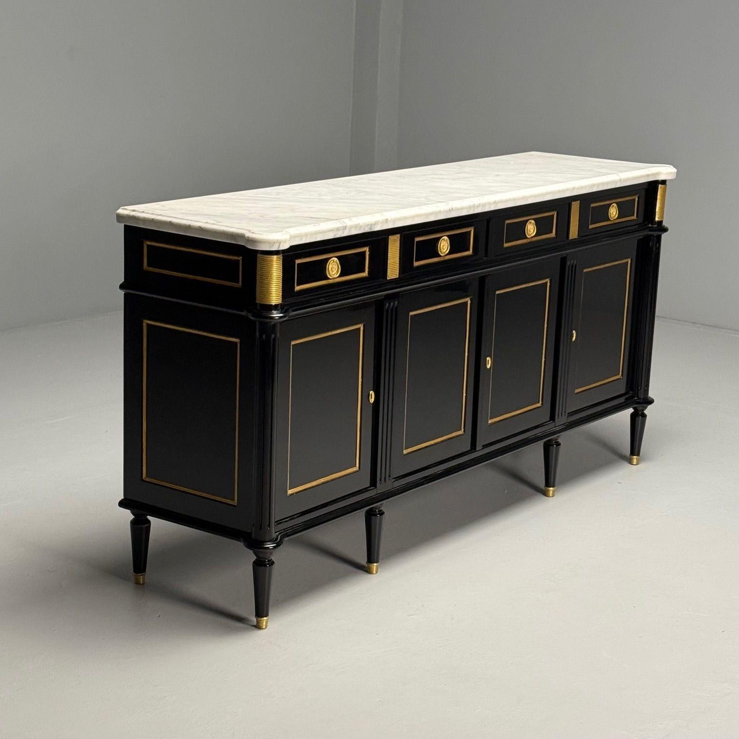 Louis XVI Style, Hollywood Regency, Sideboard, Black Lacquer, Marble, Bronze For Sale 1
