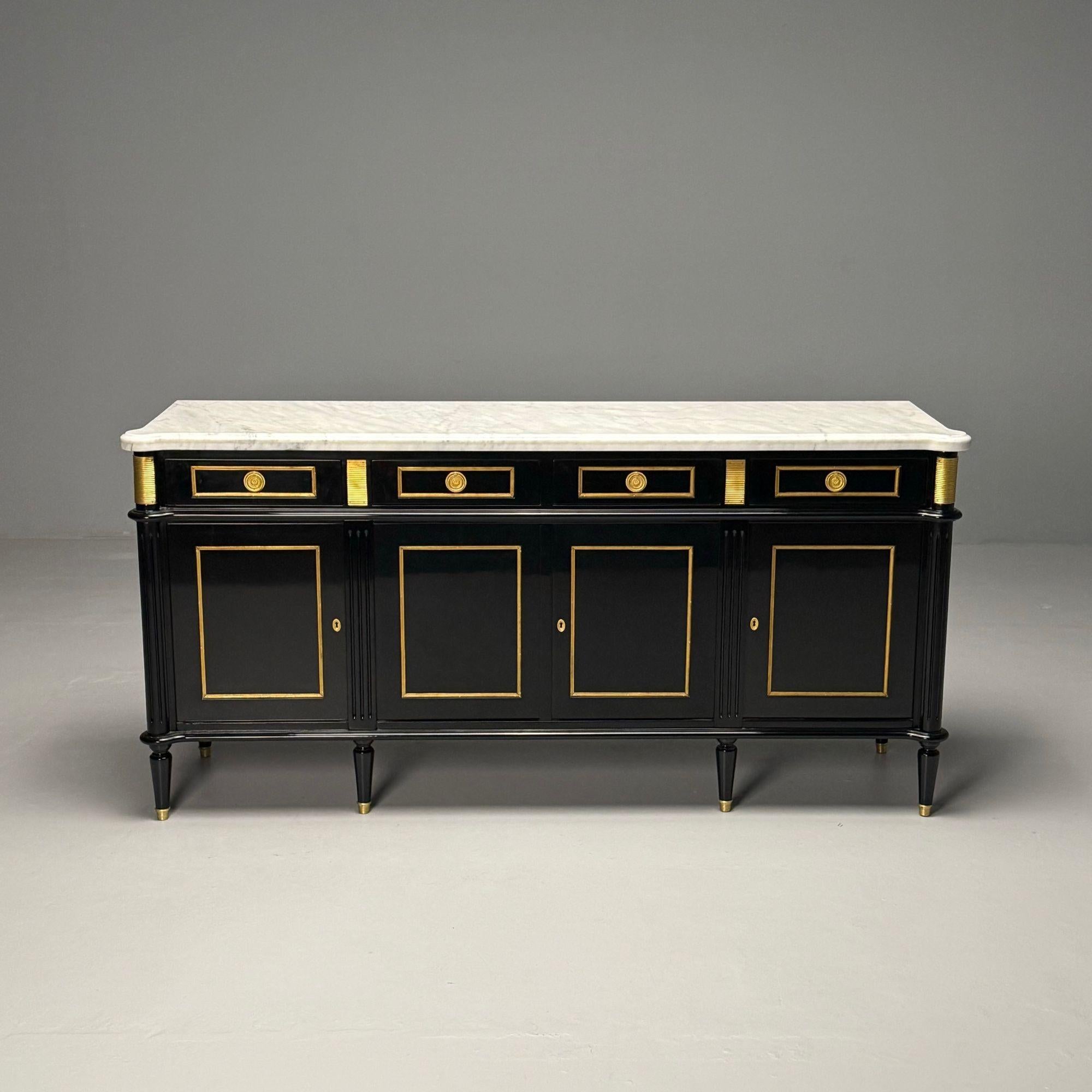 Louis XVI Style, Hollywood Regency, Sideboard, Black Lacquer, Marble, Bronze For Sale 2