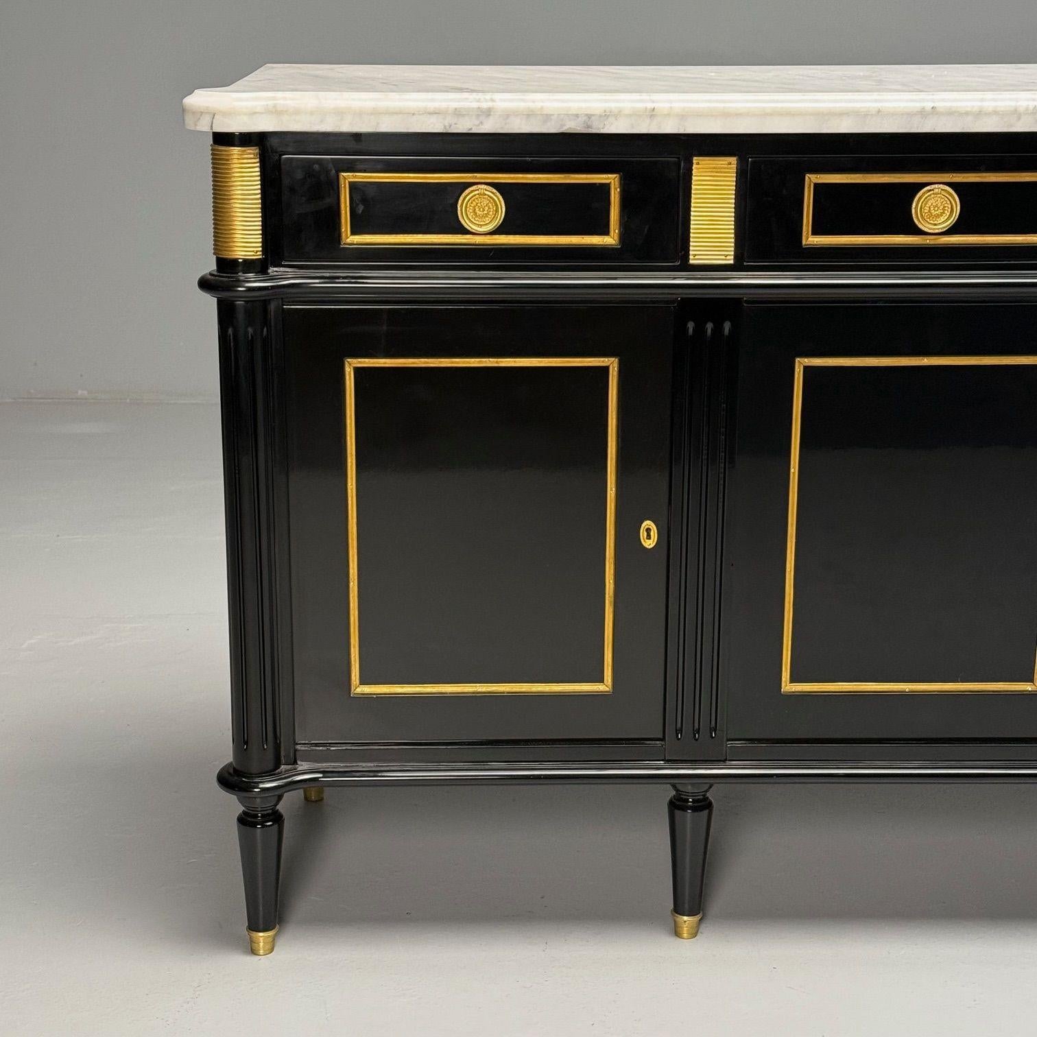 Louis XVI Style, Hollywood Regency, Sideboard, Black Lacquer, Marble, Bronze For Sale 3