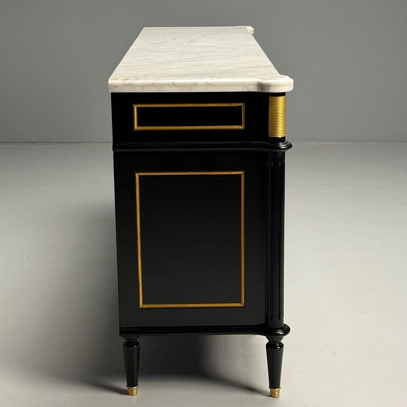 Louis XVI Style, Hollywood Regency, Sideboard, Black Lacquer, Marble, Bronze For Sale 4