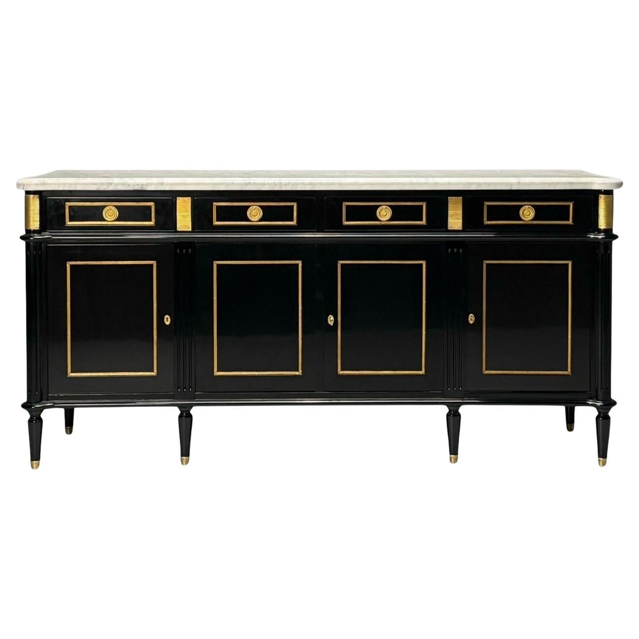 Style Louis XVI, Hollywood Regency, buffet, laque noire, marbre, bronze