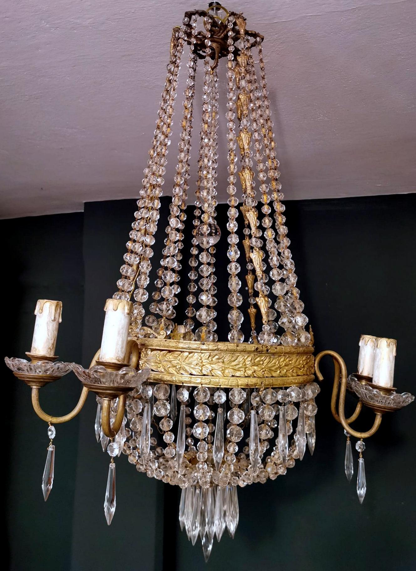 French Louis XVI Style Hot Air Balloon Chandelier Lead Crystal and Gilded Brass For Sale