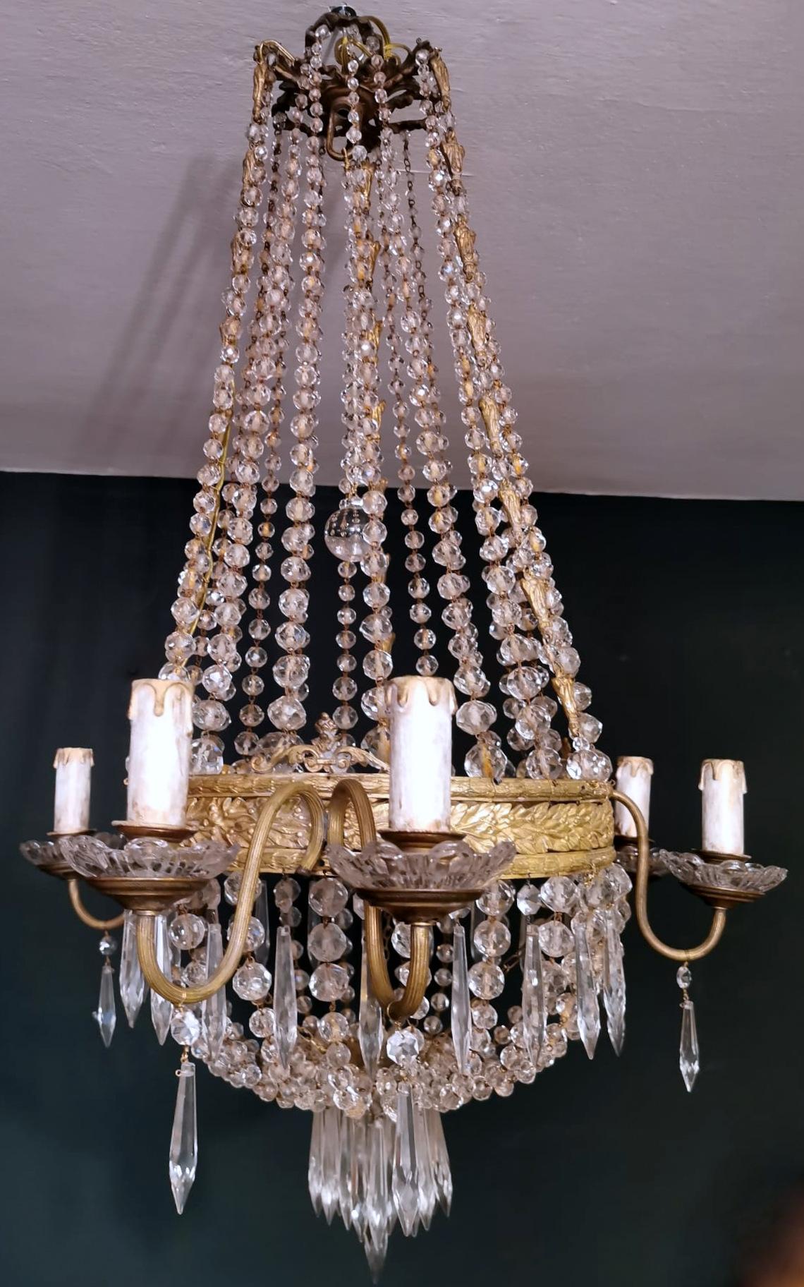 Gilt Louis XVI Style Hot Air Balloon Chandelier Lead Crystal and Gilded Brass For Sale